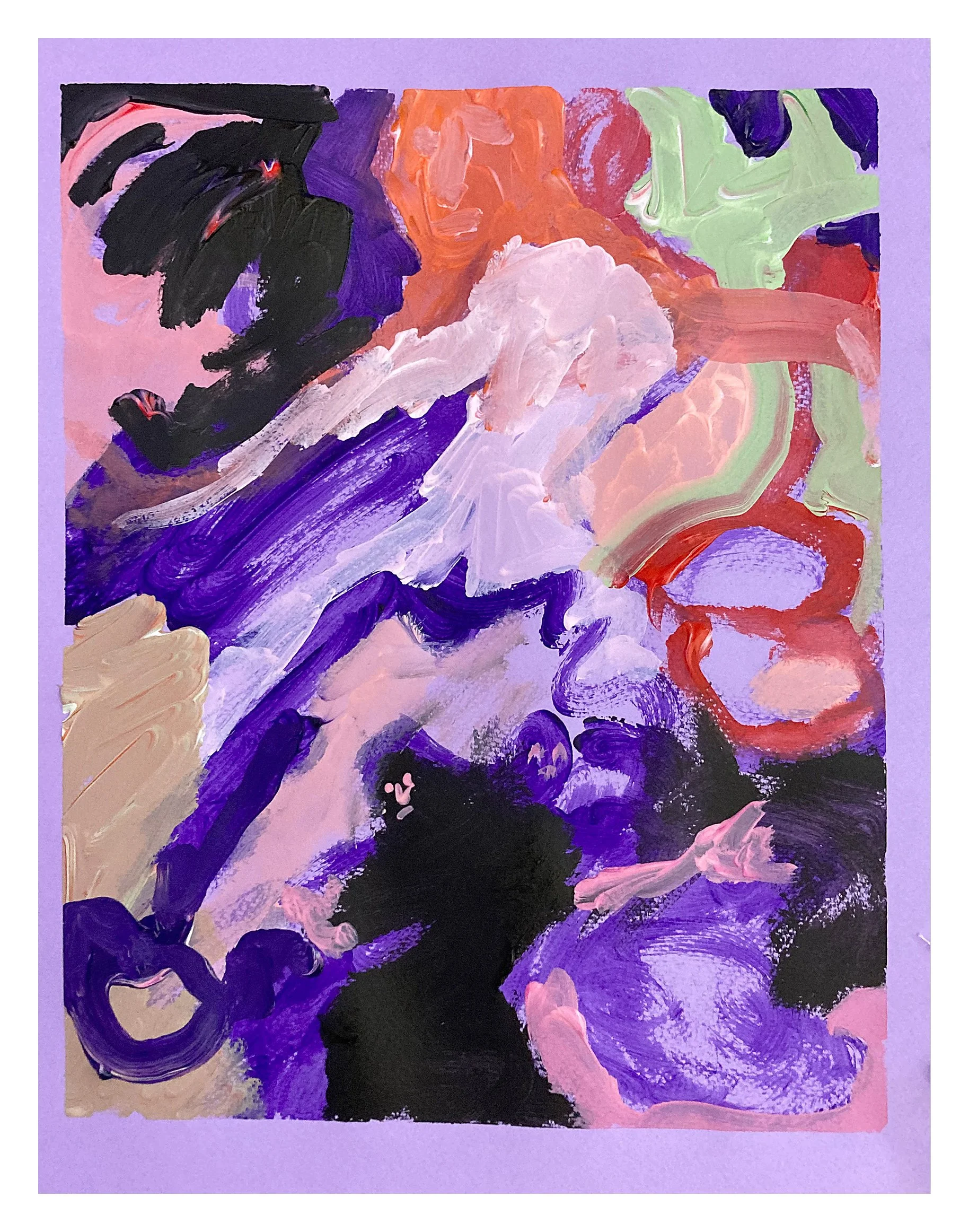 Abstract painting with bold brushstrokes in purple, pink, black, orange, and green on lavender background.