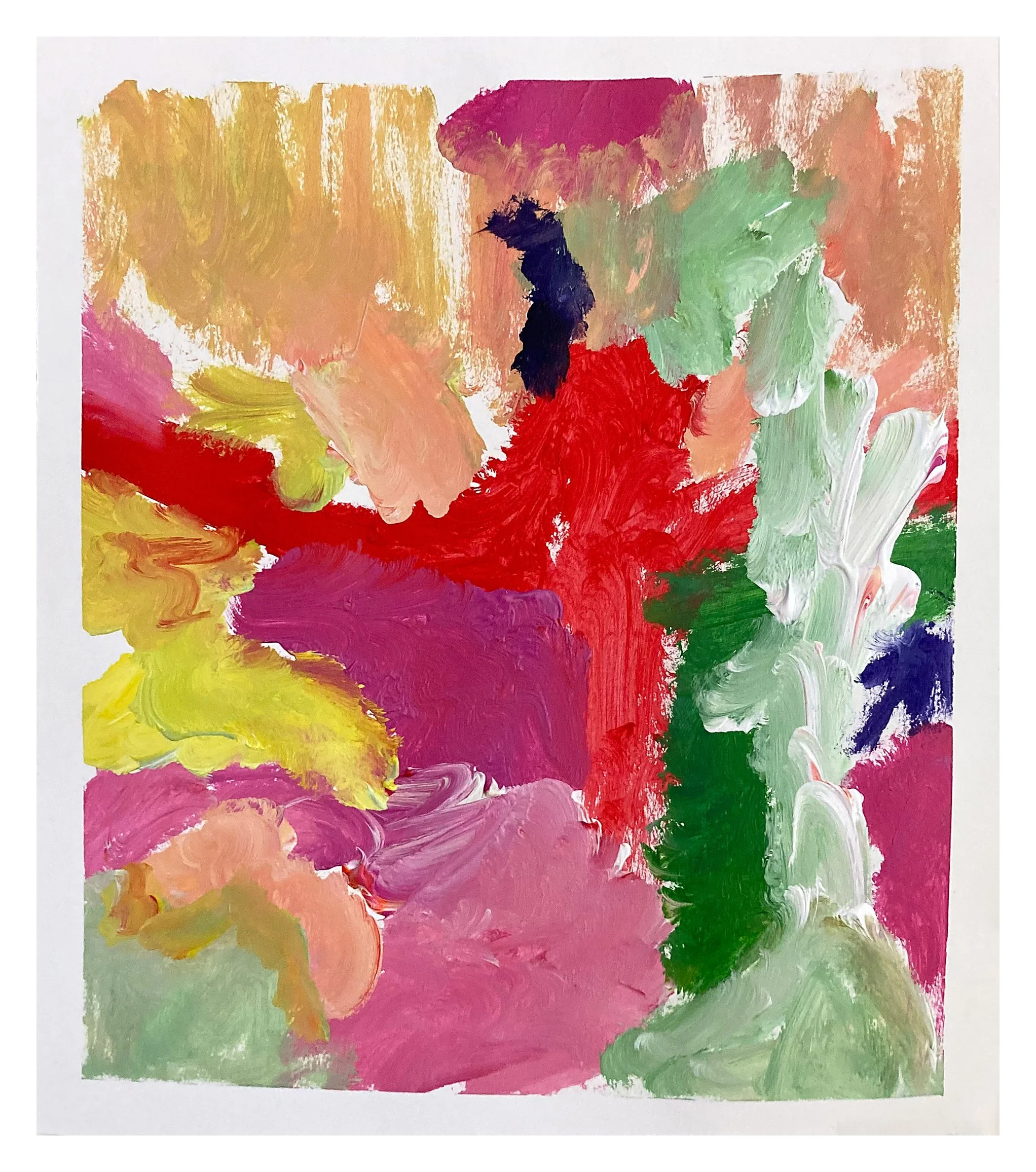 Abstract painting with bold strokes of pink, red, green, yellow, purple, and cream colors.