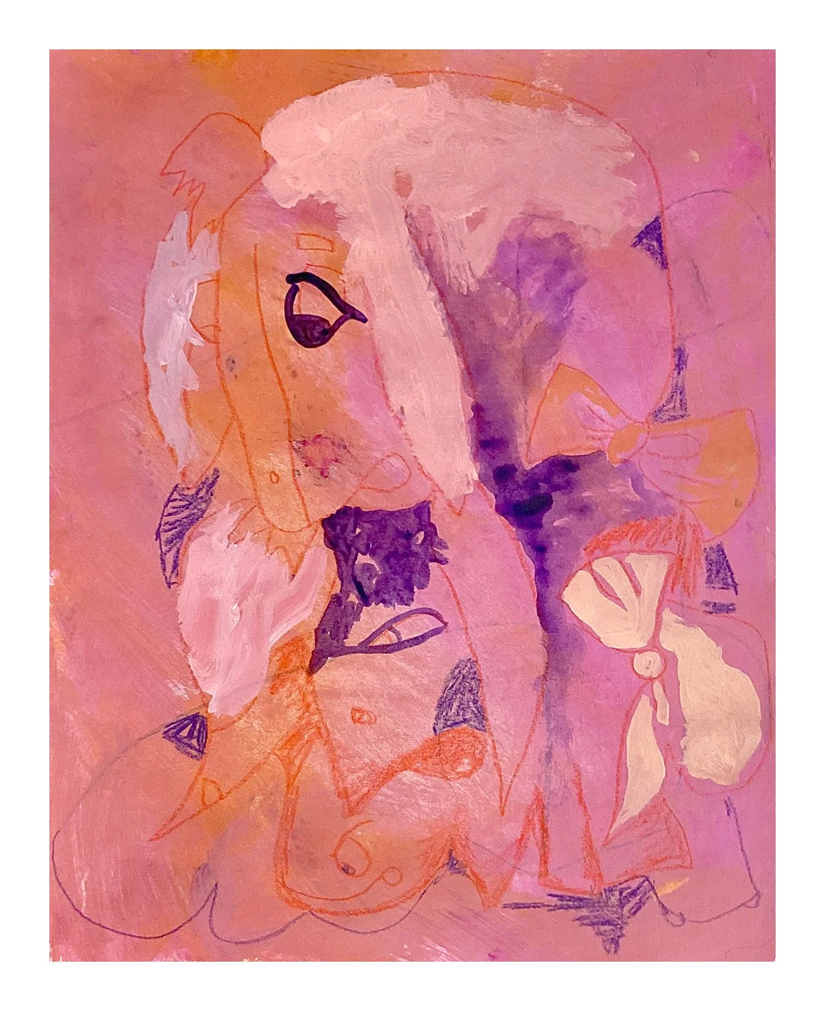 Abstract artwork featuring pastel pink, purple, and peach shades with fluid shapes and lines, depicting a stylized female face with eye, lips, and hair, alongside floral elements and a bow.