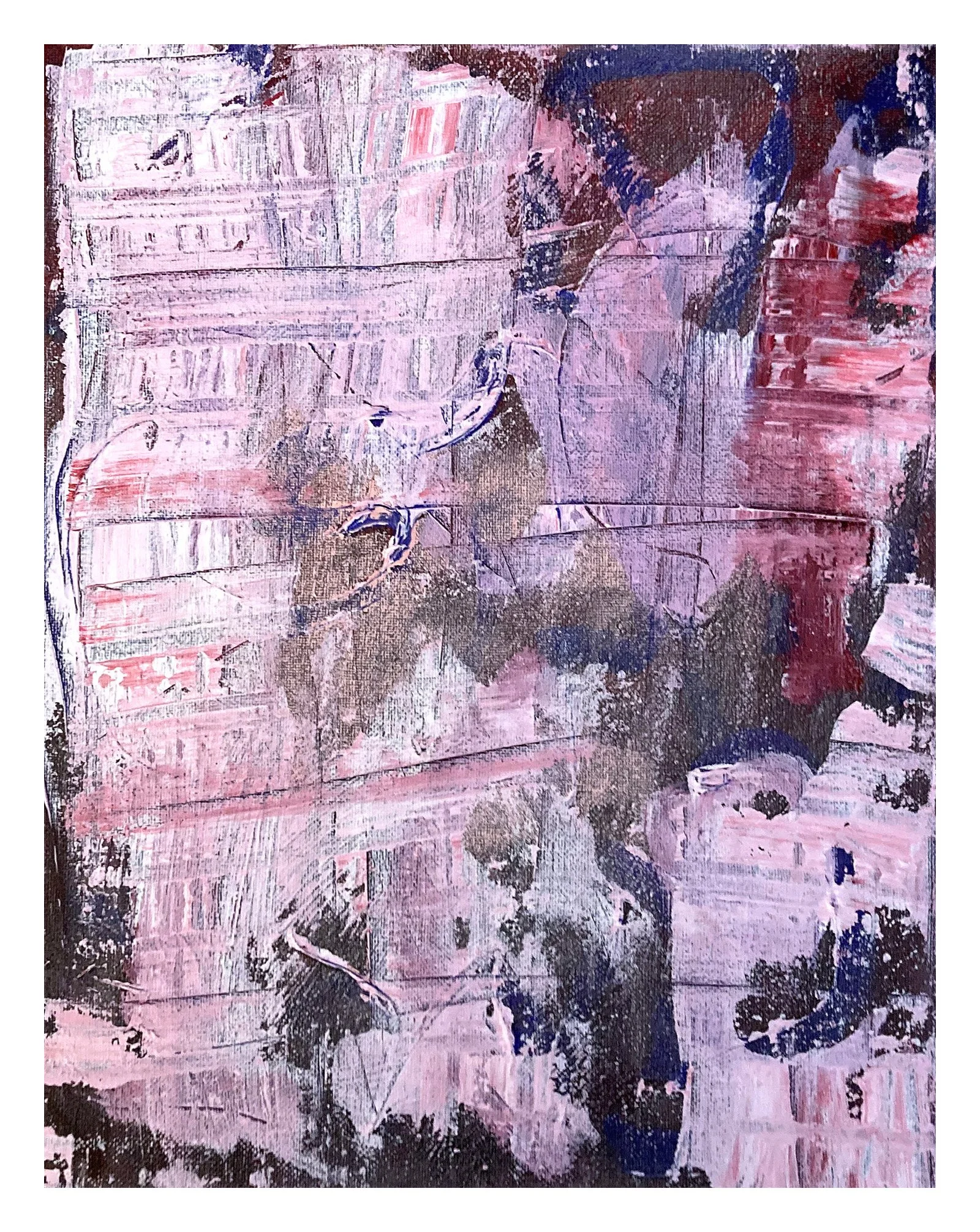 Abstract painting with pink, purple, brown, and blue brushstrokes, layered and textured, with darker areas at the edges.
