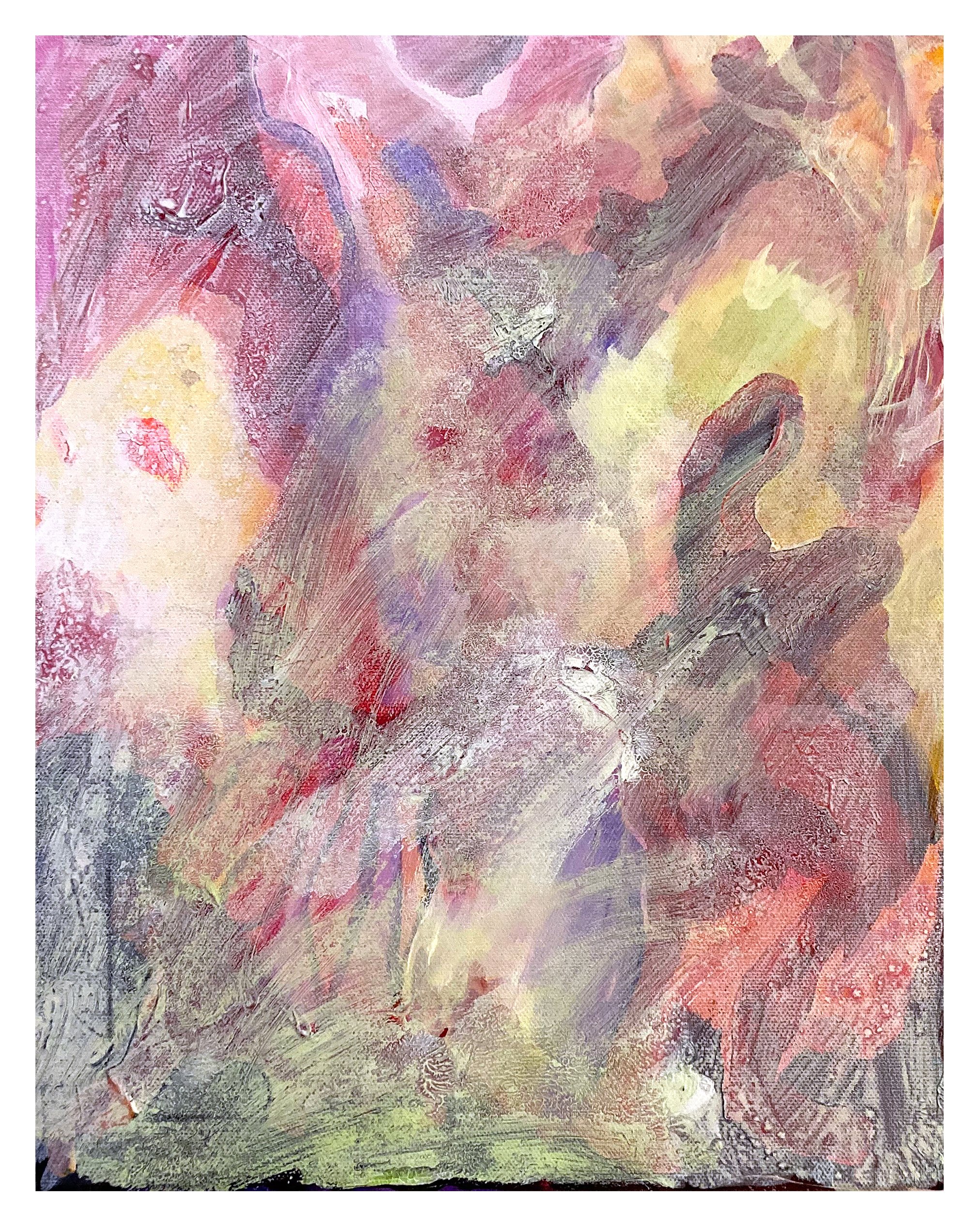 Abstract expressionist painting with pink, purple, yellow, and gray brushstrokes and textures.