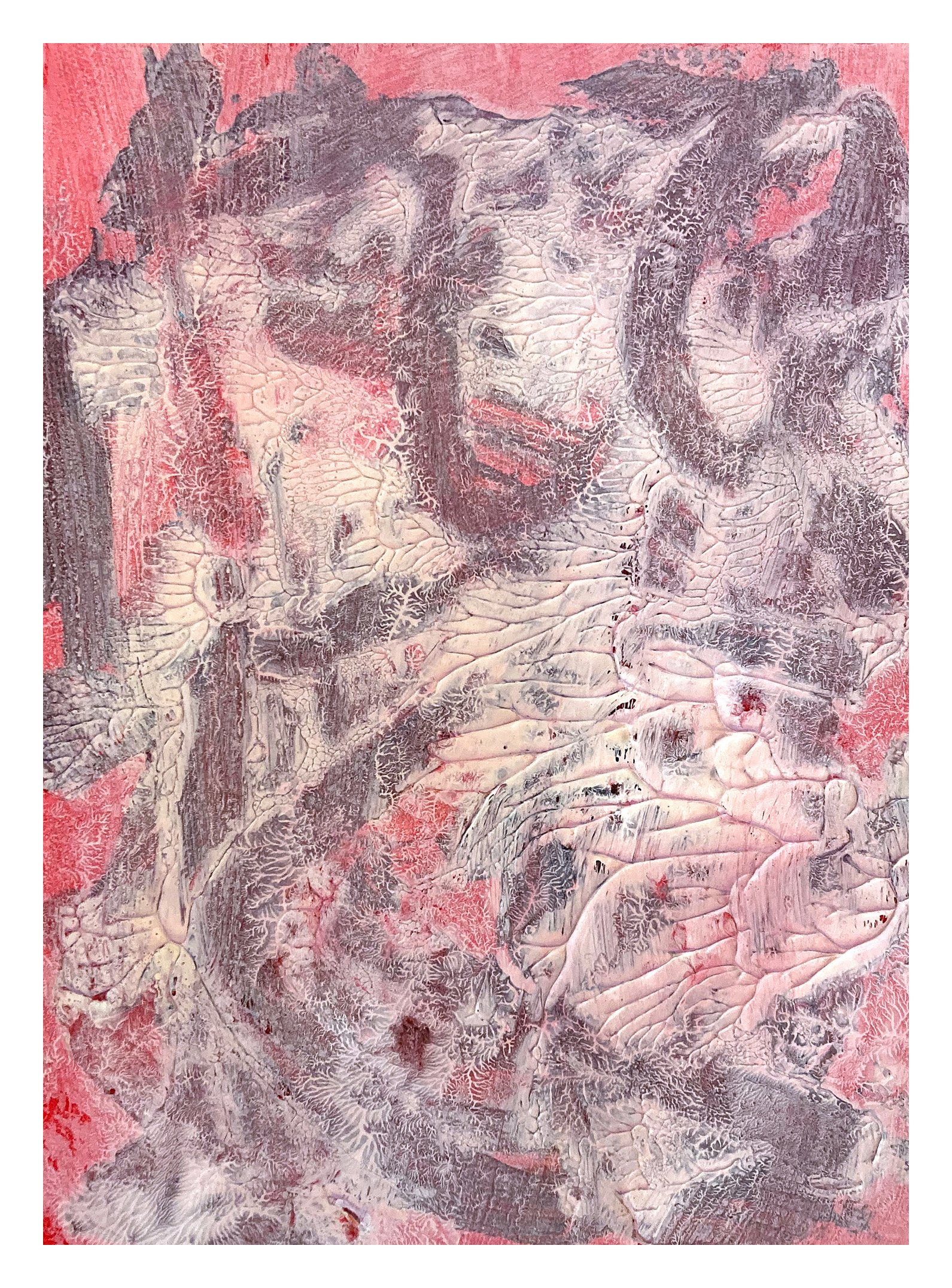A textured, abstract painting with layered, tree-like patterns in shades of pink, white, and gray. Fuck Ice.