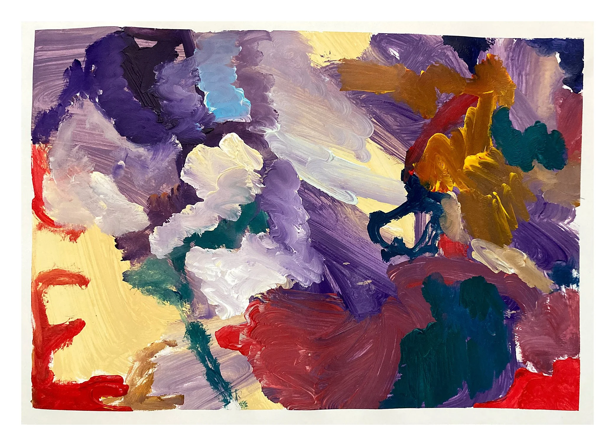 An abstract painting featuring bold, vibrant brushstrokes in purple, blue, yellow, red, green, white, and black, with a variety of swirling and overlapping shapes.