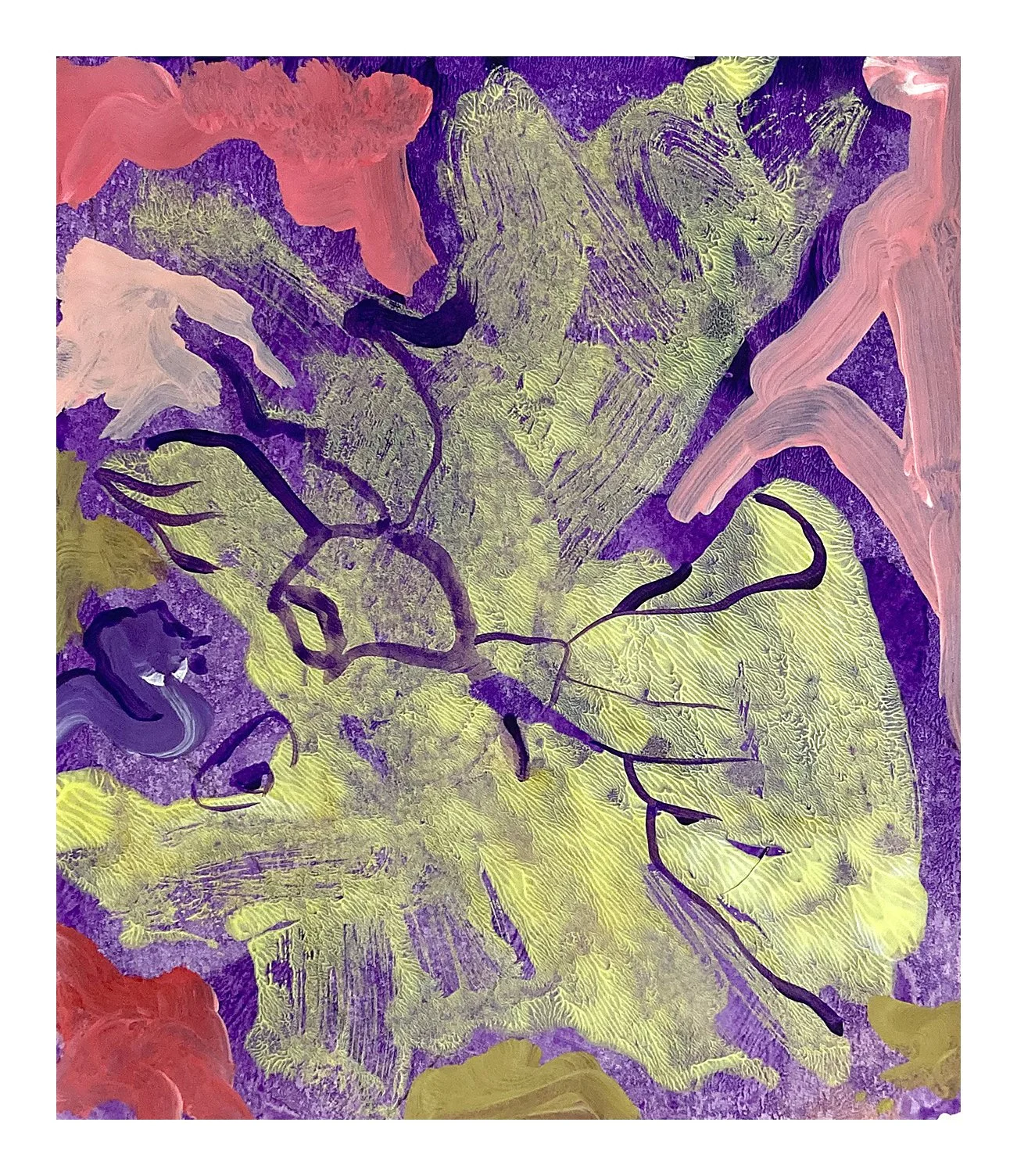 Abstract painting with purple, pink, yellow, and black brushstrokes and lines.