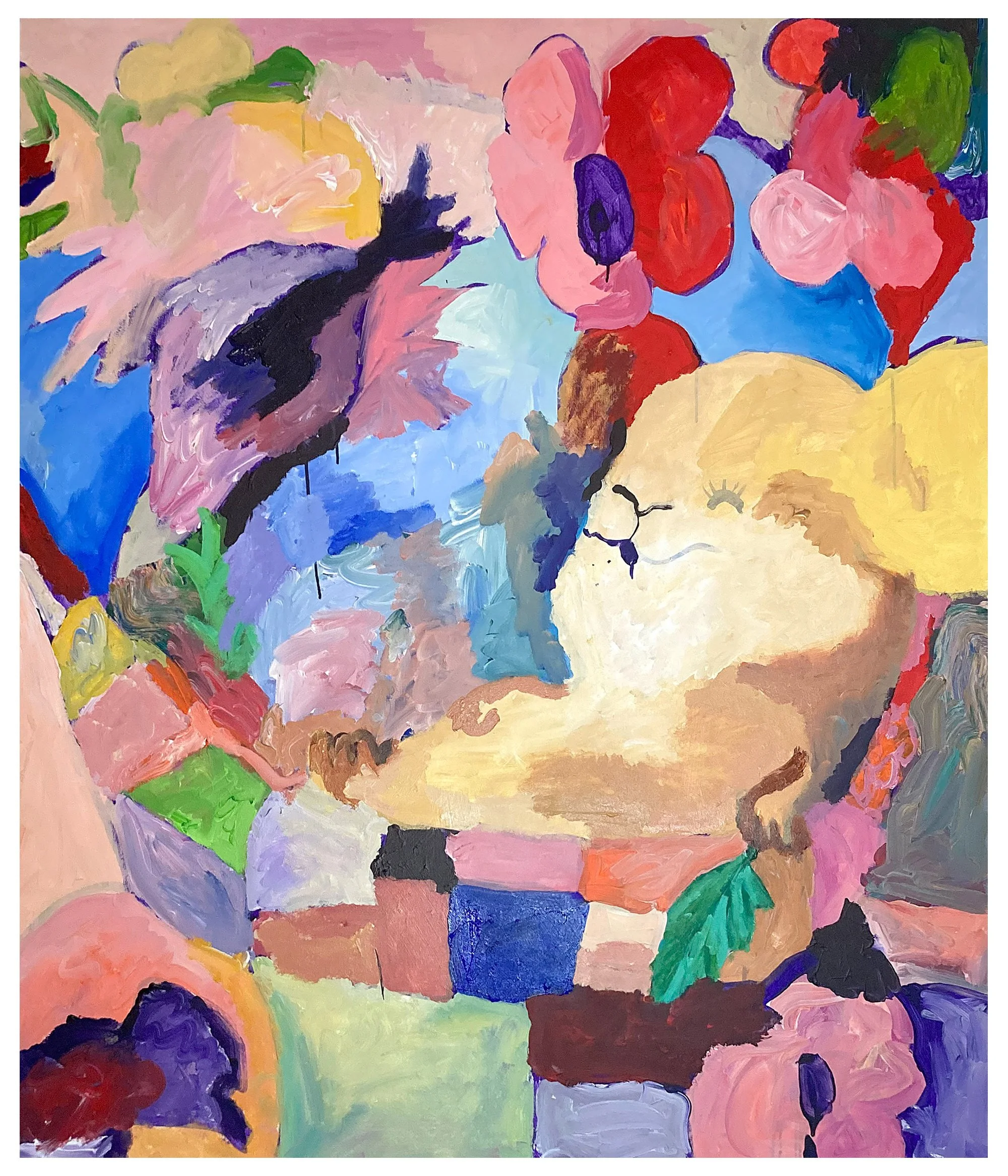 Abstract colorful painting featuring various shapes and brushstrokes in pink, purple, red, green, blue, black, and yellow.
