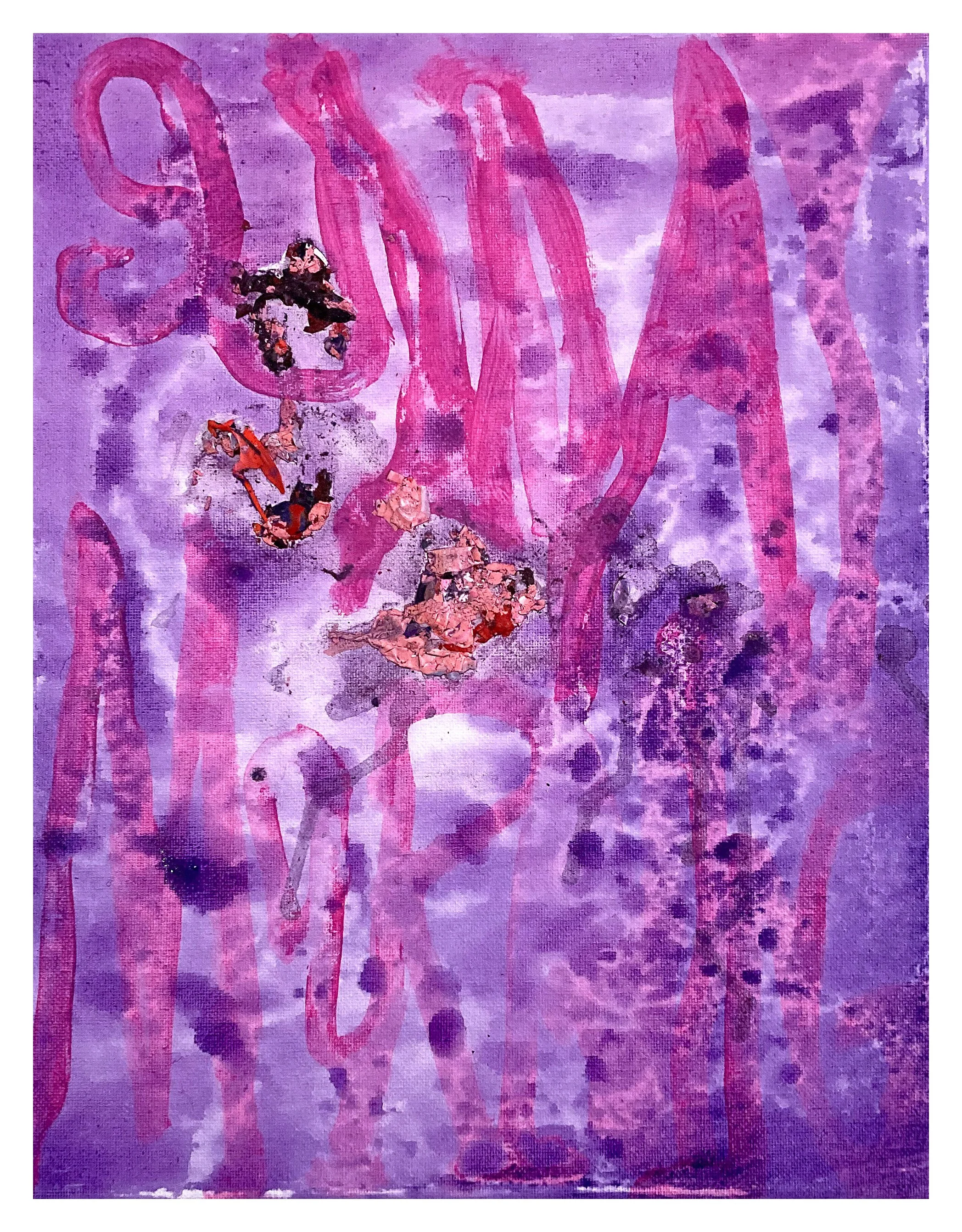 Pink and purple painted wall with the words 'Be Kind' written in pink, with some textured and peeled areas.