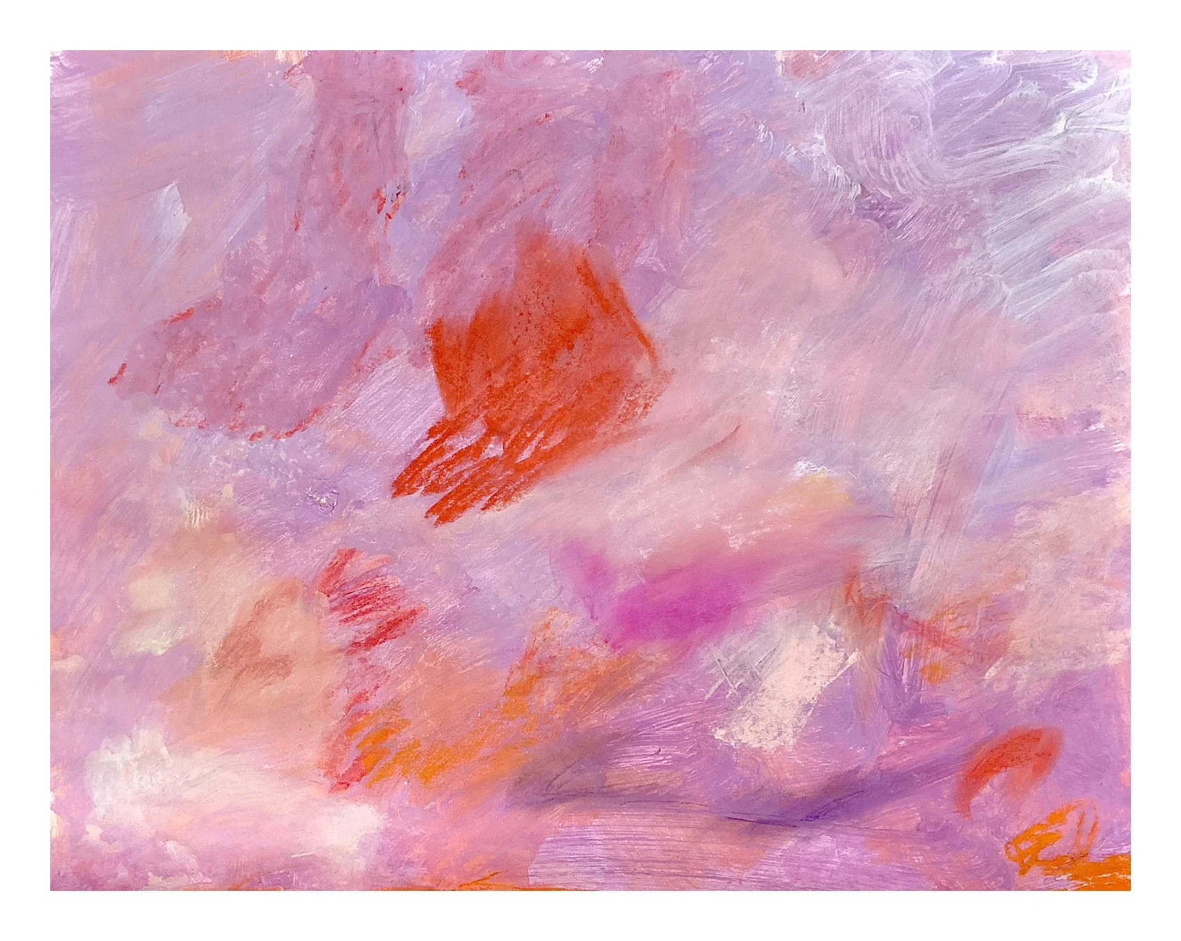 Abstract painting with shades of pink, purple, and orange, featuring brushstrokes and blending of colors.