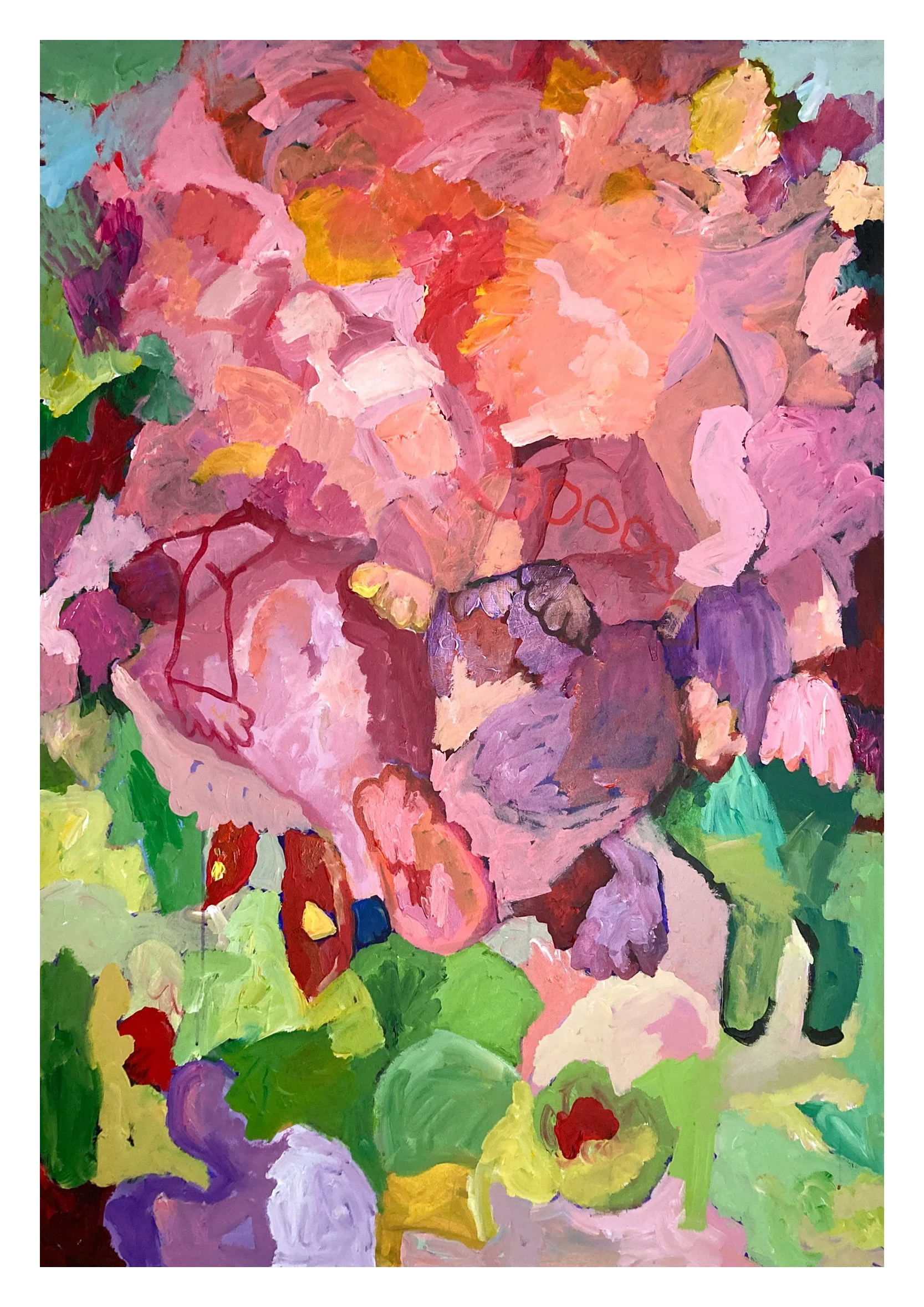 An abstract painting with vibrant colors featuring pink, purple, red, green, yellow, and orange brushstrokes creating a textured and layered composition.