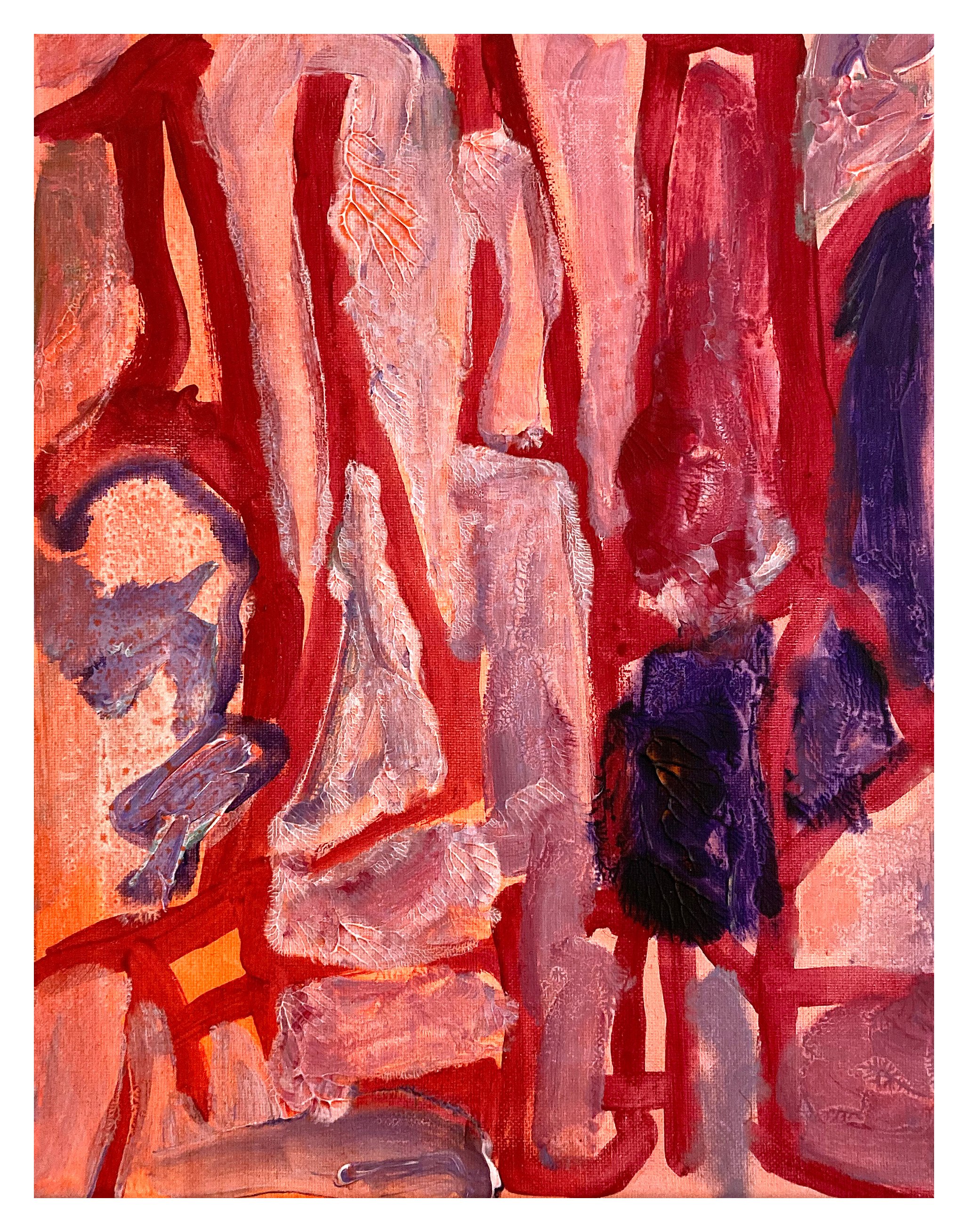 Abstract painting with shades of red, purple, and white, featuring bold brushstrokes and textured details.