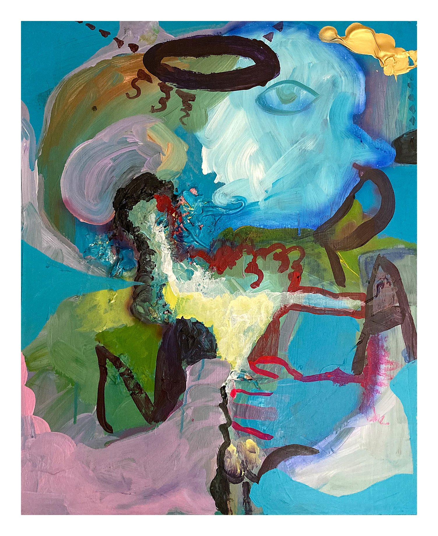 An abstract painting with vibrant colors including blue, green, pink, black, and yellow. The painting features swirling shapes, bold lines, and a mix of brushstrokes creating a dynamic composition.