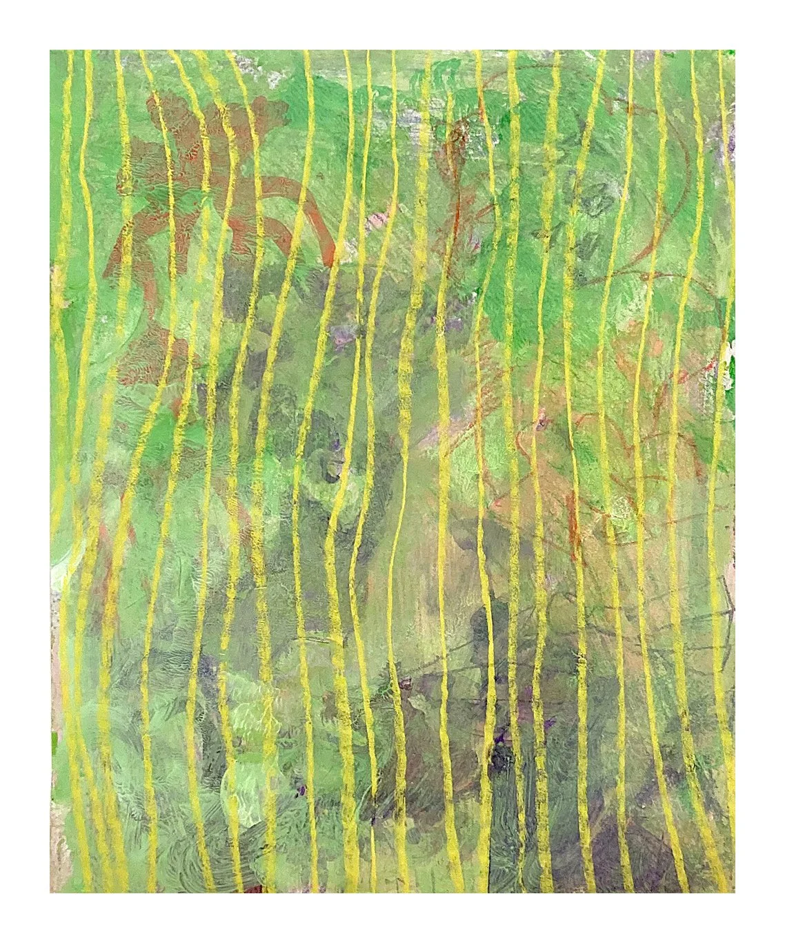 A colorful abstract painting with overlapping green, yellow, and brown brushstrokes, and vertical yellow lines overlaying the background.