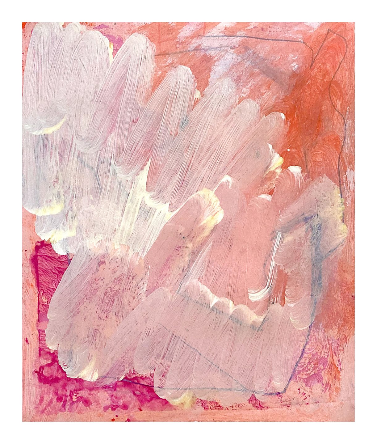 Abstract painting with pink, peach, white, and hints of purple and red brushstrokes.