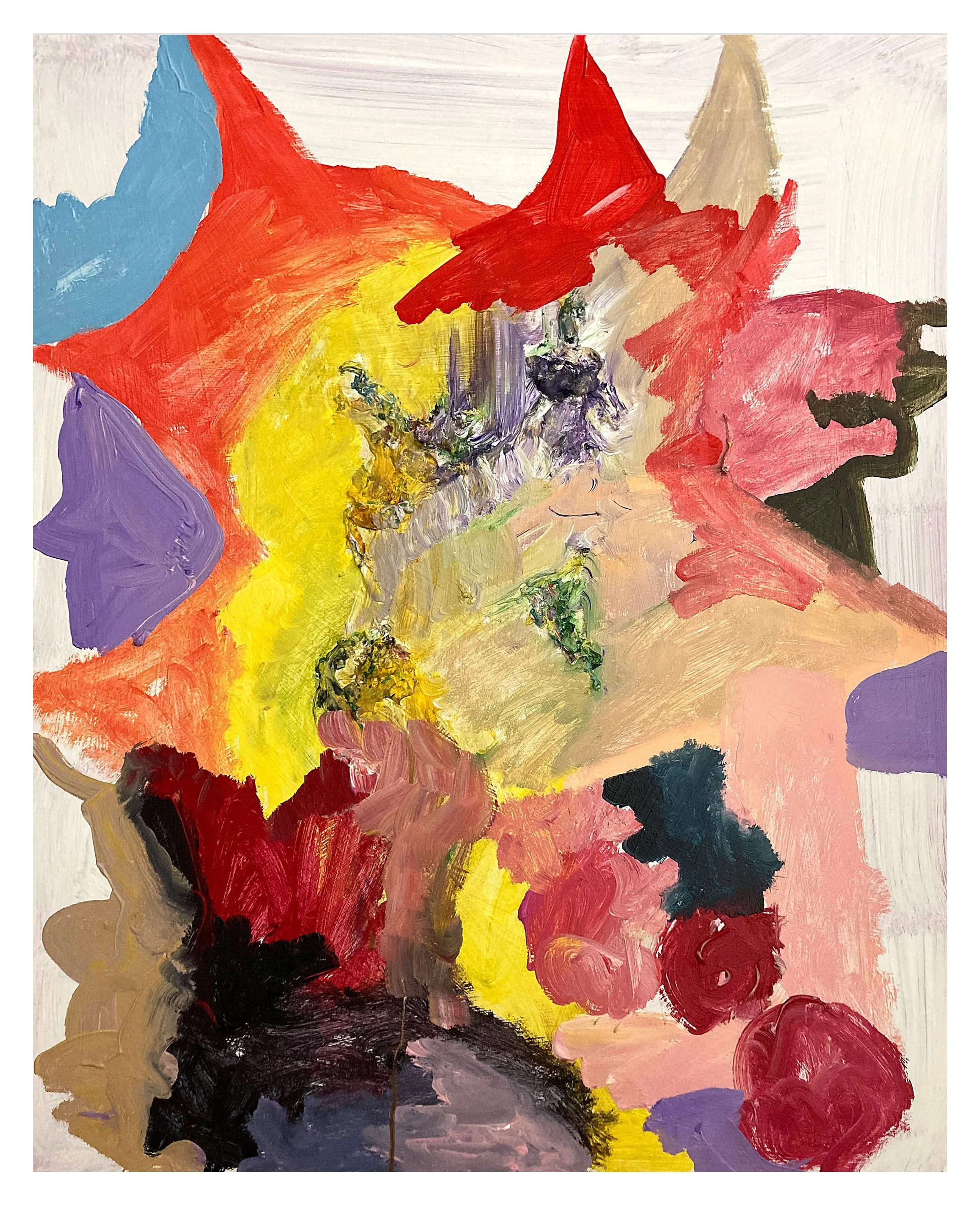 Abstract expressionist painting with bold, colorful brushstrokes in red, purple, yellow, black, beige, and blue, creating an energetic and dynamic composition.