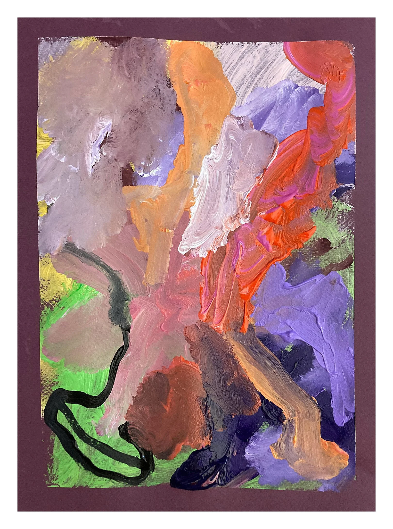 Abstract painting with swirls and splashes of pastel colors including purple, pink, orange, yellow, green, and black, framed with a dark purple border.