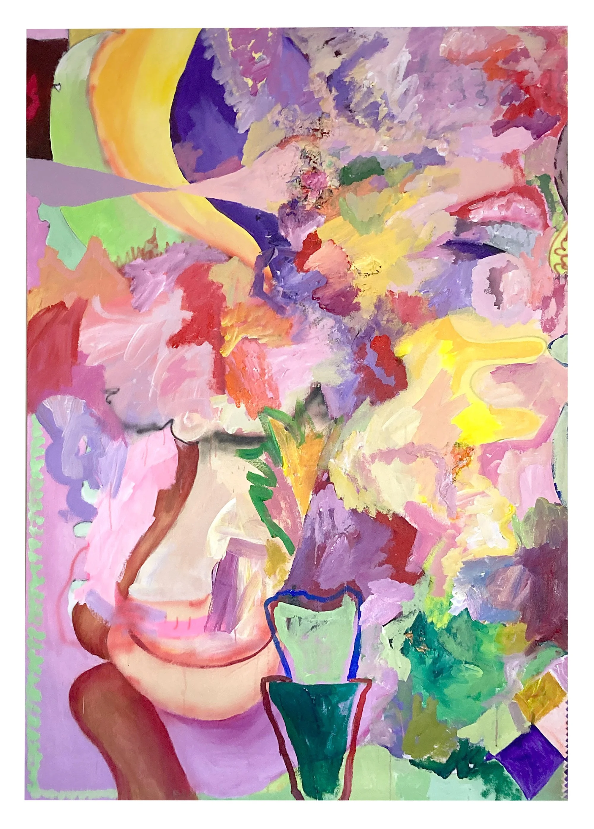 Abstract painting of a woman in a green dress with purple accents, holding a purple flower in a purple pot, surrounded by colorful flowers and background in pink, green, purple, and yellow tones.
