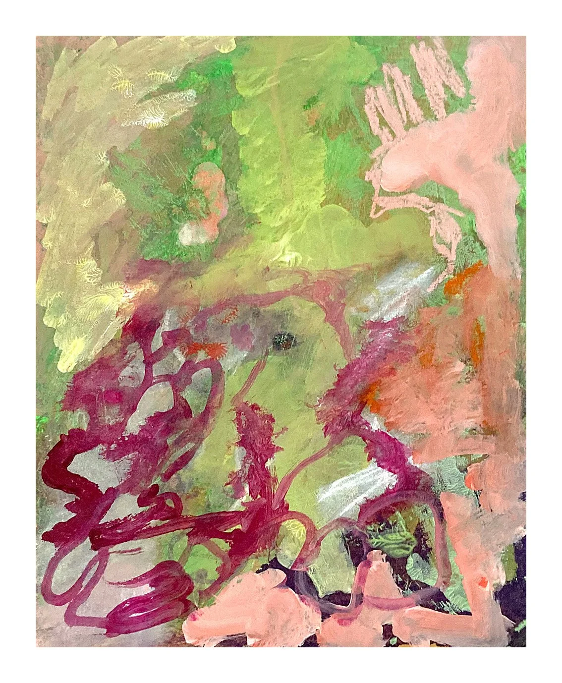 Abstract watercolor painting with green, pink, purple, and beige colors and swirling shapes.