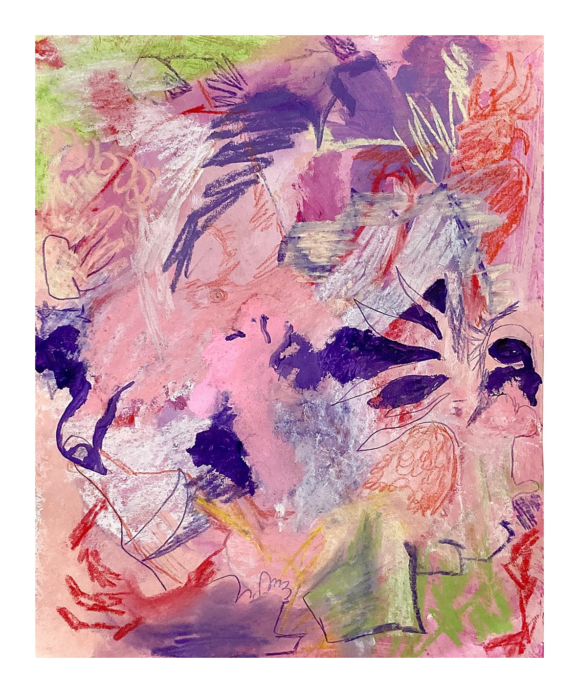 Abstract watercolor painting featuring pink, purple, red, green, and yellow hues with loose brushstrokes and line work, resembling floral or natural elements.
