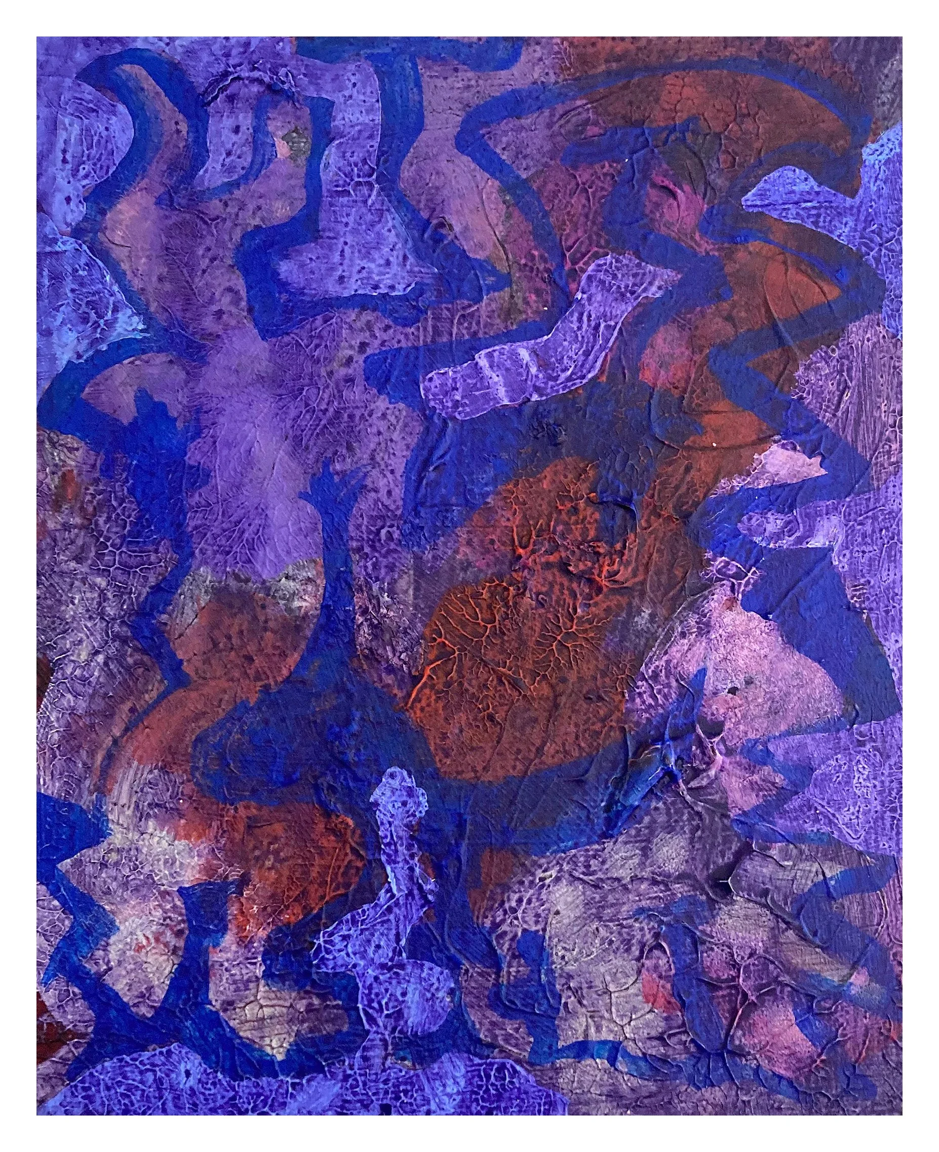An abstract painting featuring a mix of vibrant purples, blues, and reds with swirling and crackled textures.