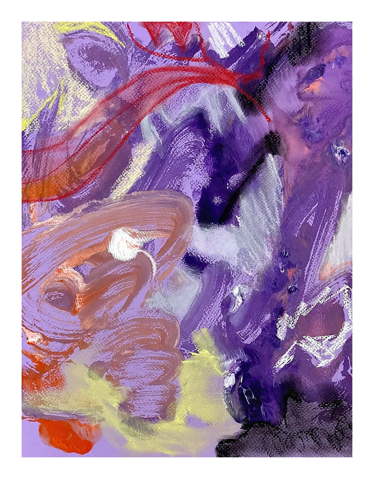 Abstract painting with purple, red, orange, yellow, and black brushstrokes, featuring swirling and textured patterns.