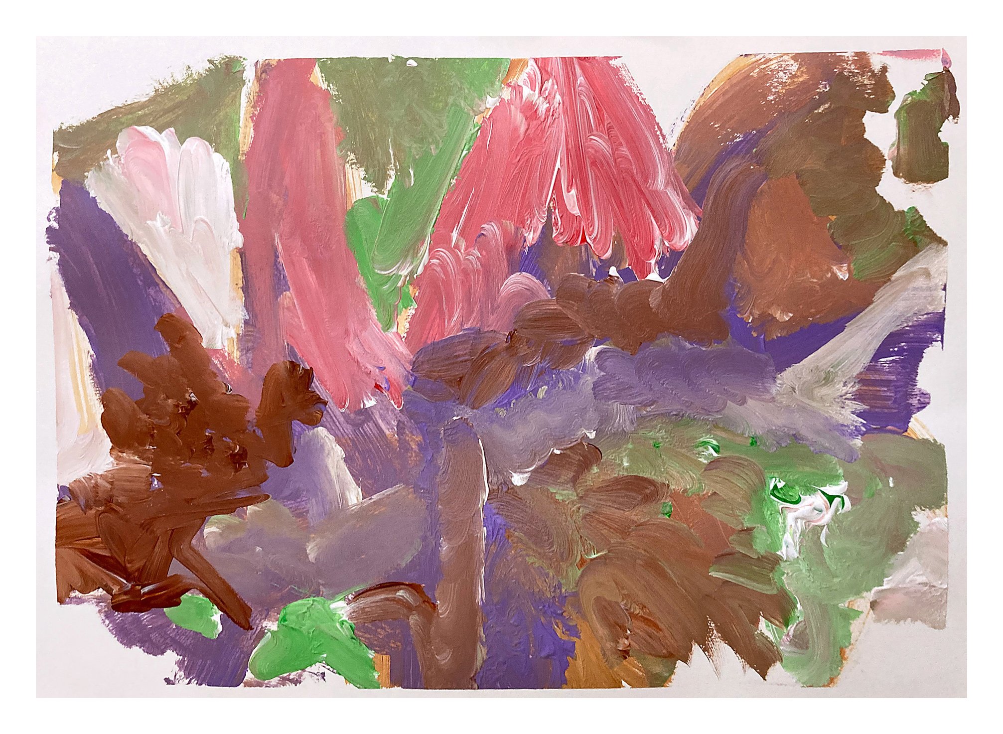 Abstract painting with broad, colorful brushstrokes including pink, brown, purple, green, white, and red, creating a vibrant and textured composition.