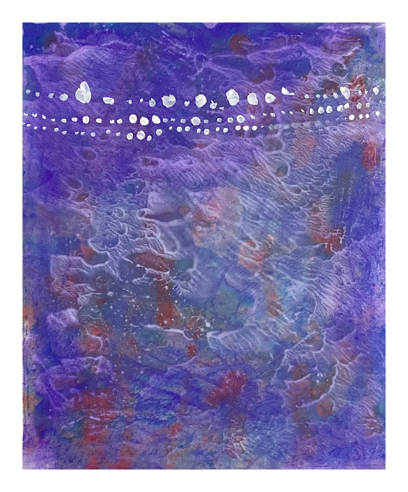 Abstract painting featuring a purple background with white and orange textured patterns and dotted lines at the top.