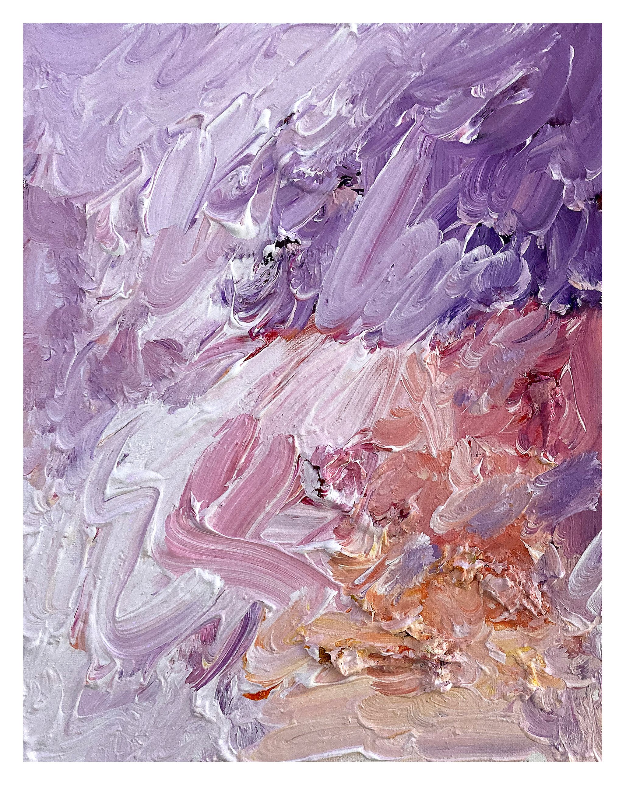 Abstract painting with swirling brushstrokes in shades of purple, pink, white, orange, and hints of yellow.