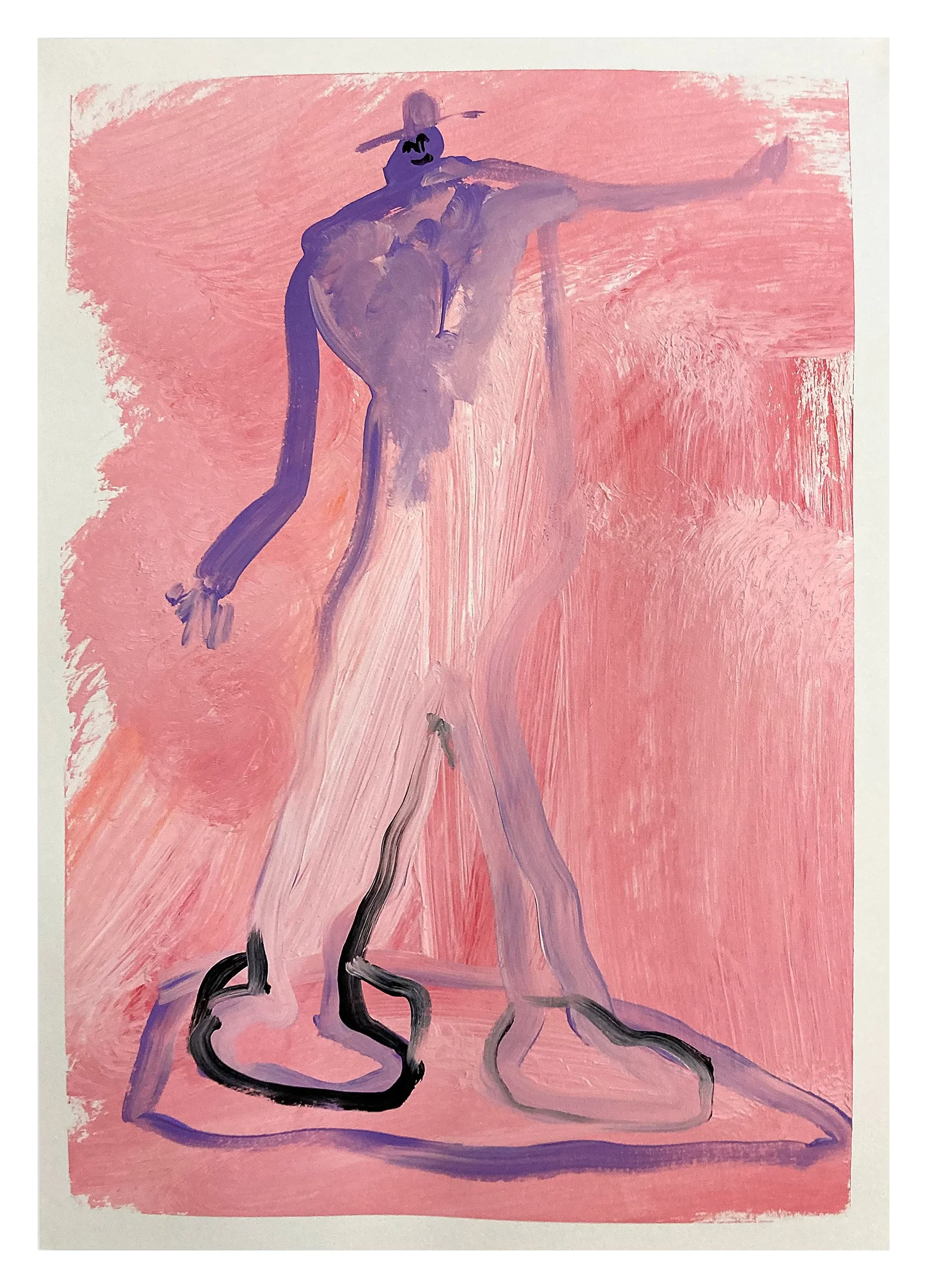An abstract painting with a pink background, featuring dark blue and purple lines and shapes that resemble an animal’s face and long legs.
