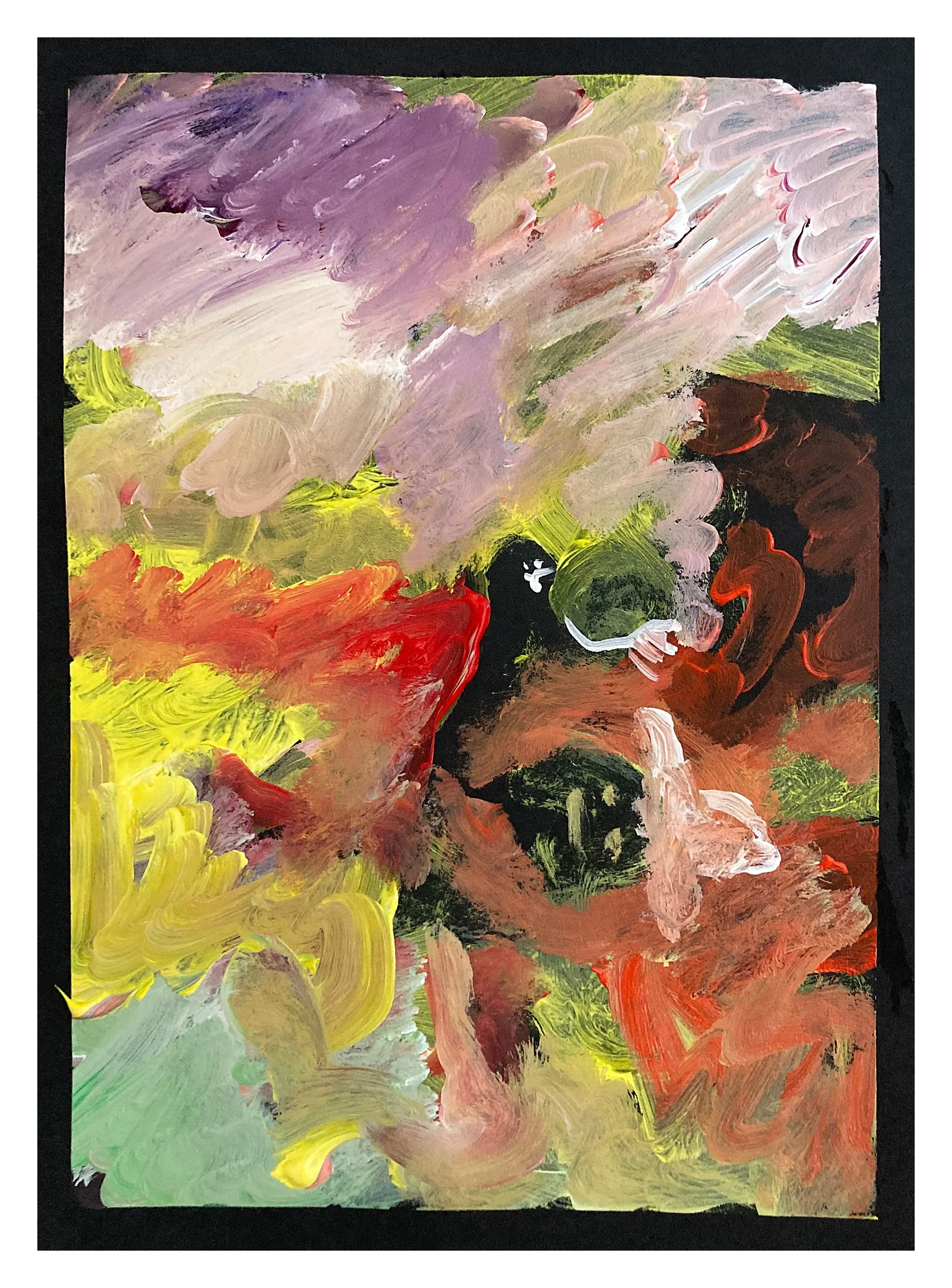 Abstract watercolor painting with swirling strokes of purple, pink, green, yellow, red, brown, white, and black, on a black background.