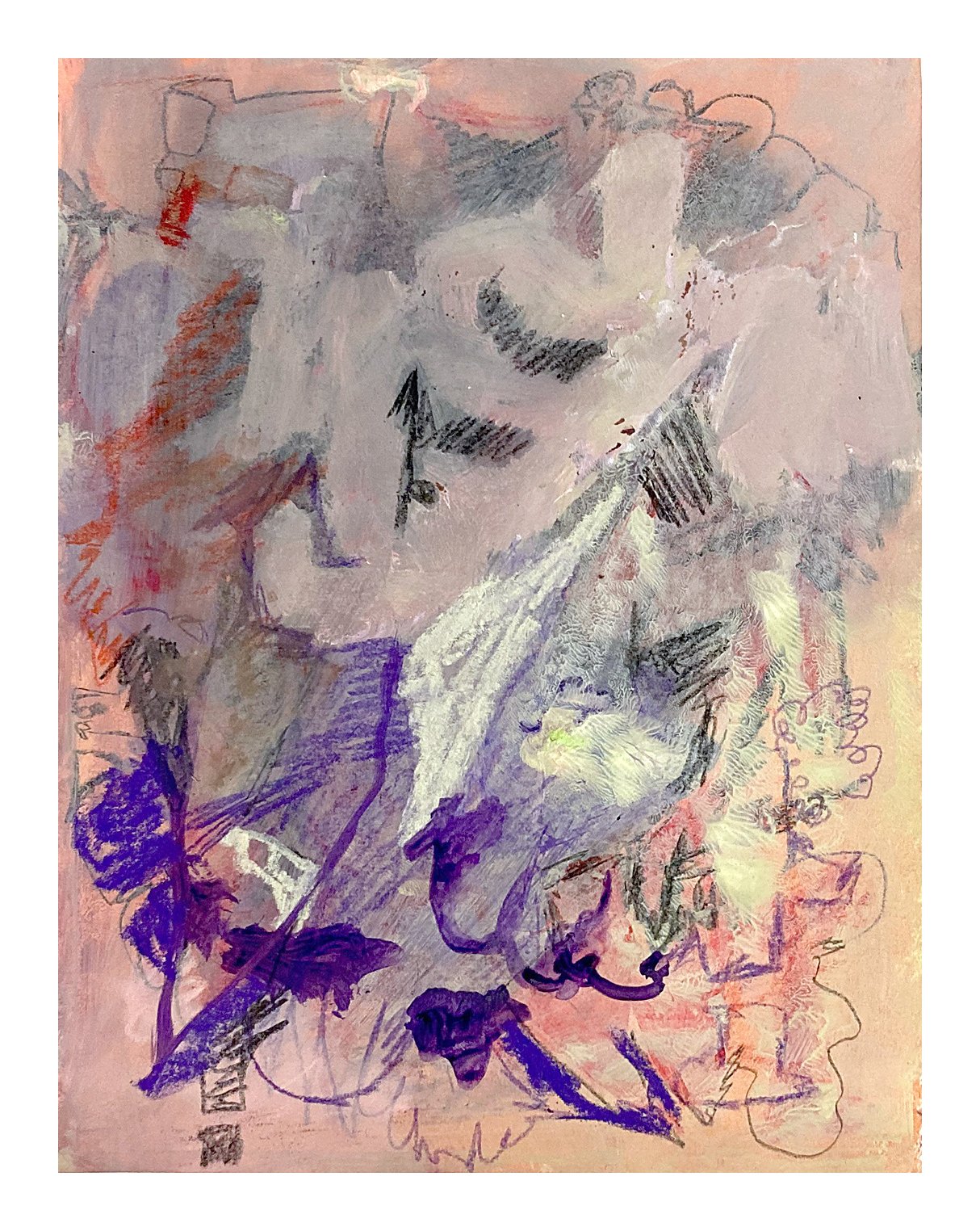 Abstract artwork with a mix of pastel and darker colors, featuring various overlapping sketches and line drawings, including faces, figures, and floral shapes.