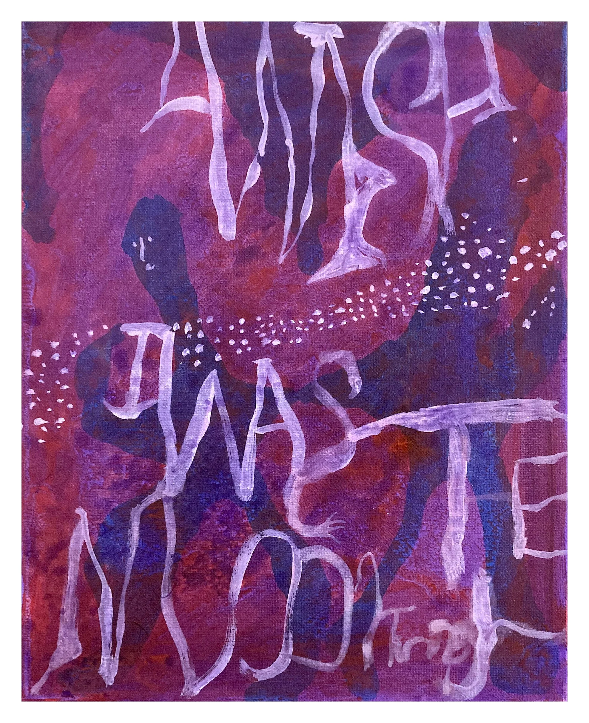 Abstract painting with a deep red and purple background, featuring white rough line drawings of elongated human figures and faces, with dotted patterns at the bottom.