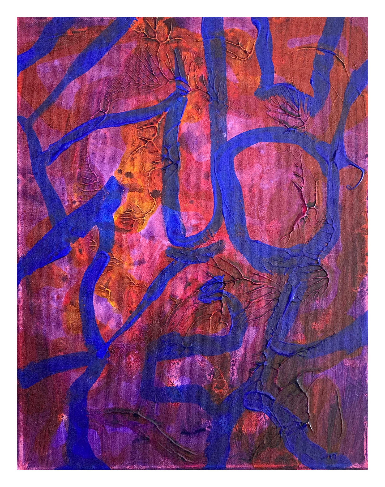 Abstract painting with a background of red, orange, and purple colors featuring bold, sweeping blue lines and leaf-like patterns.