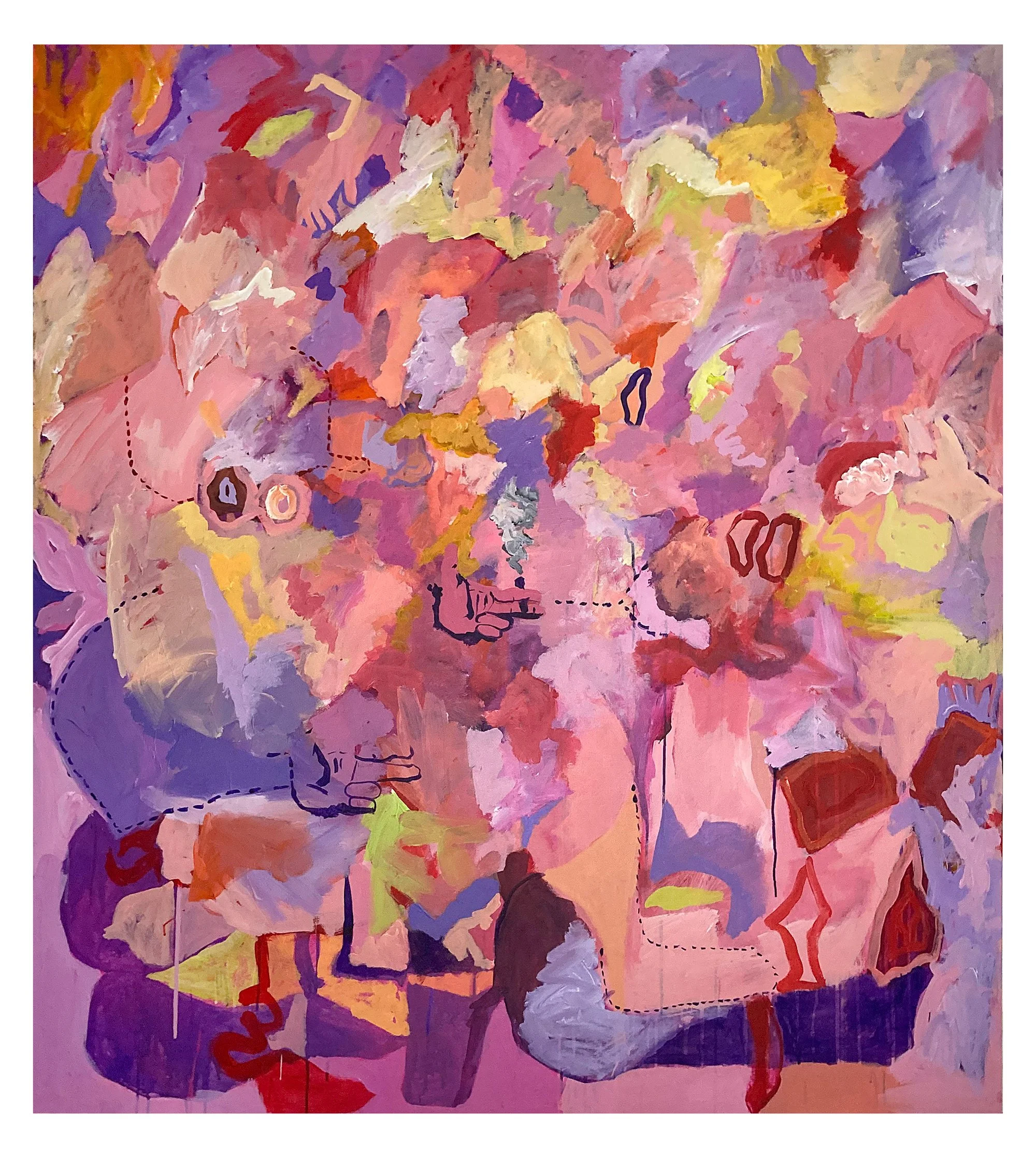 Abstract painting with various shades of pink, purple, yellow, red, and blue, featuring shapes, lines, and dashed outlines.