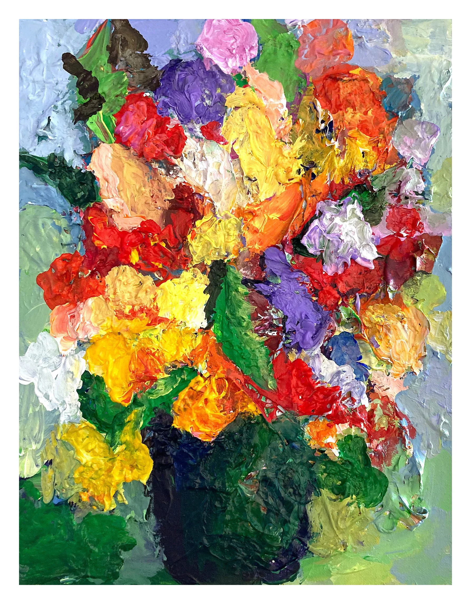 Abstract colorful acrylic painting featuring various vibrant colors like red, yellow, purple, green, orange, white, and black, with a textured and expressive brushstroke style.