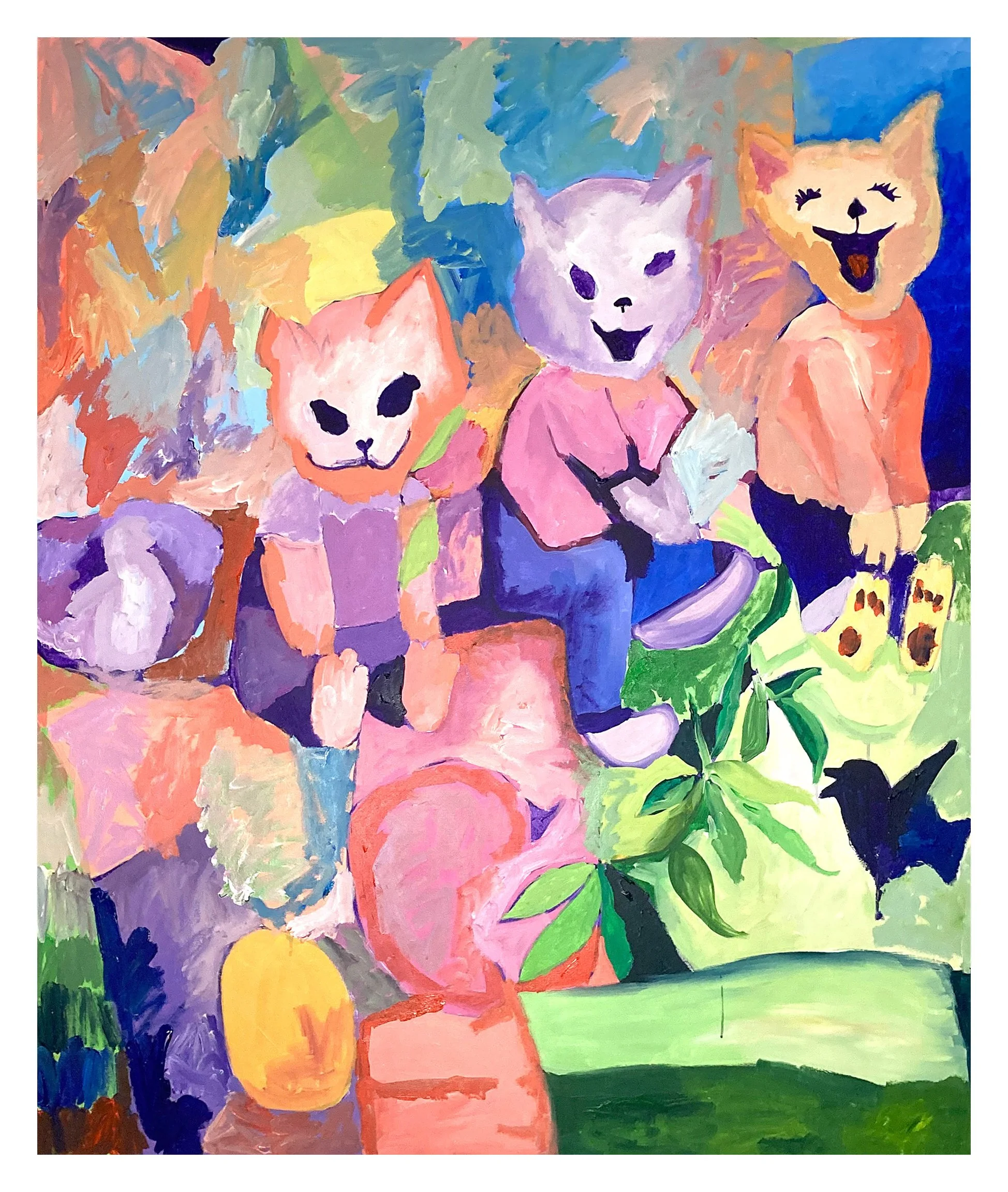 Colorful abstract painting featuring three smiling cats in orange, purple, and cream, surrounded by vivid green leaves and a bright background with various colors.