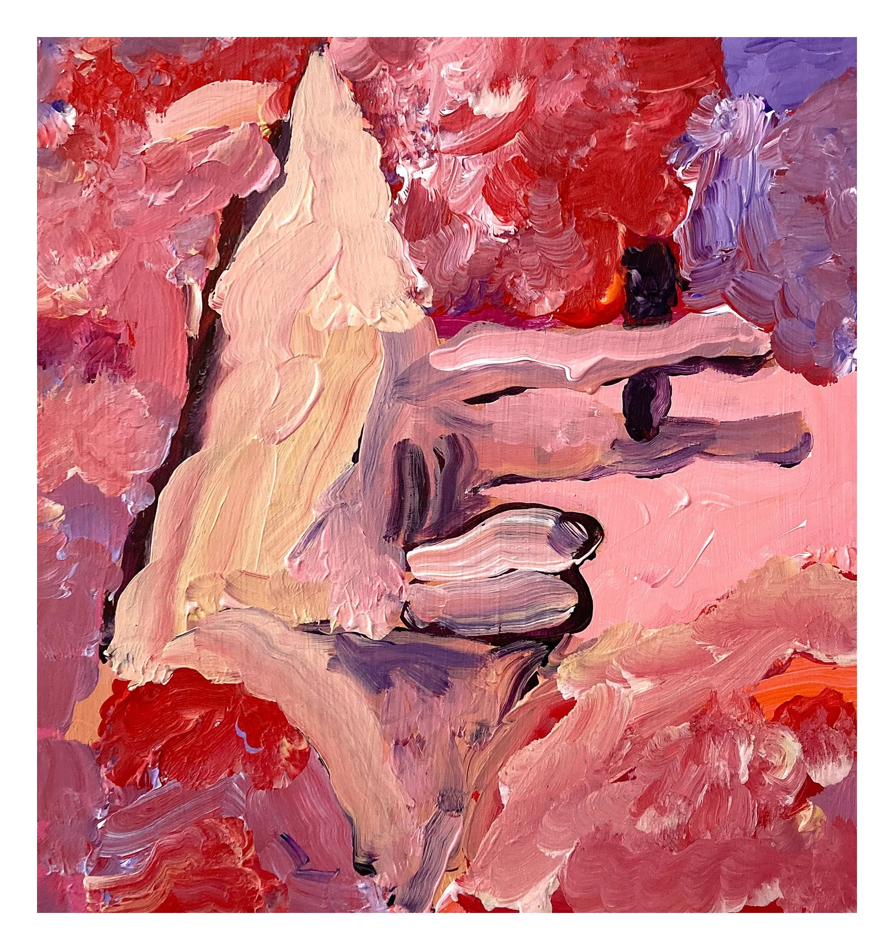 Abstract painting with thick, textured strokes in shades of red, pink, purple, cream, and black, depicting a still life scene with a table, a vase of flowers, and an object in the background. Fuck Ice.