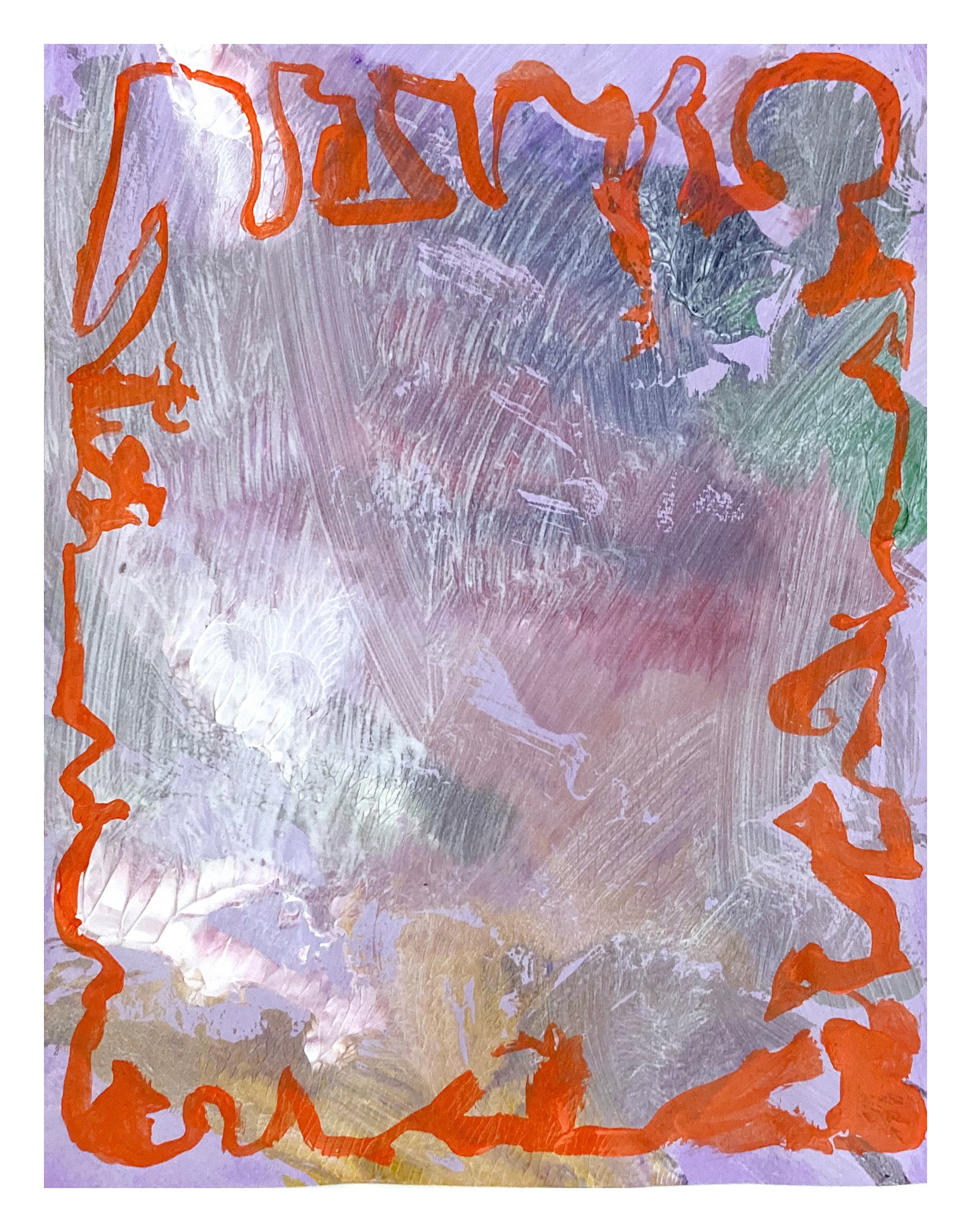 A colorful abstract painting with a background of pastel pink, purple, and green shades, and an orange border with irregular wavy lines.