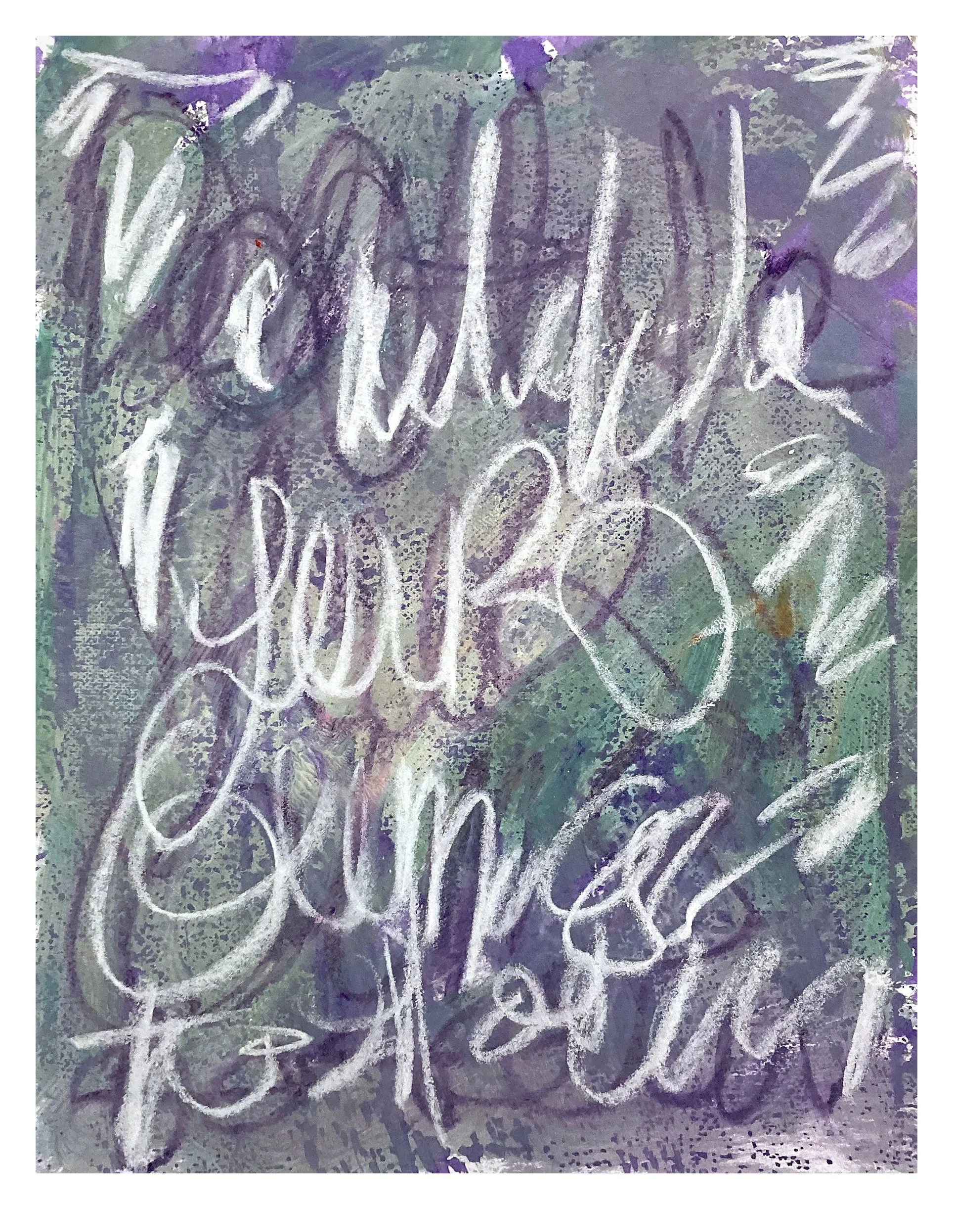 White chalk writing on a purple and green wall. Your Guns To Town. 
