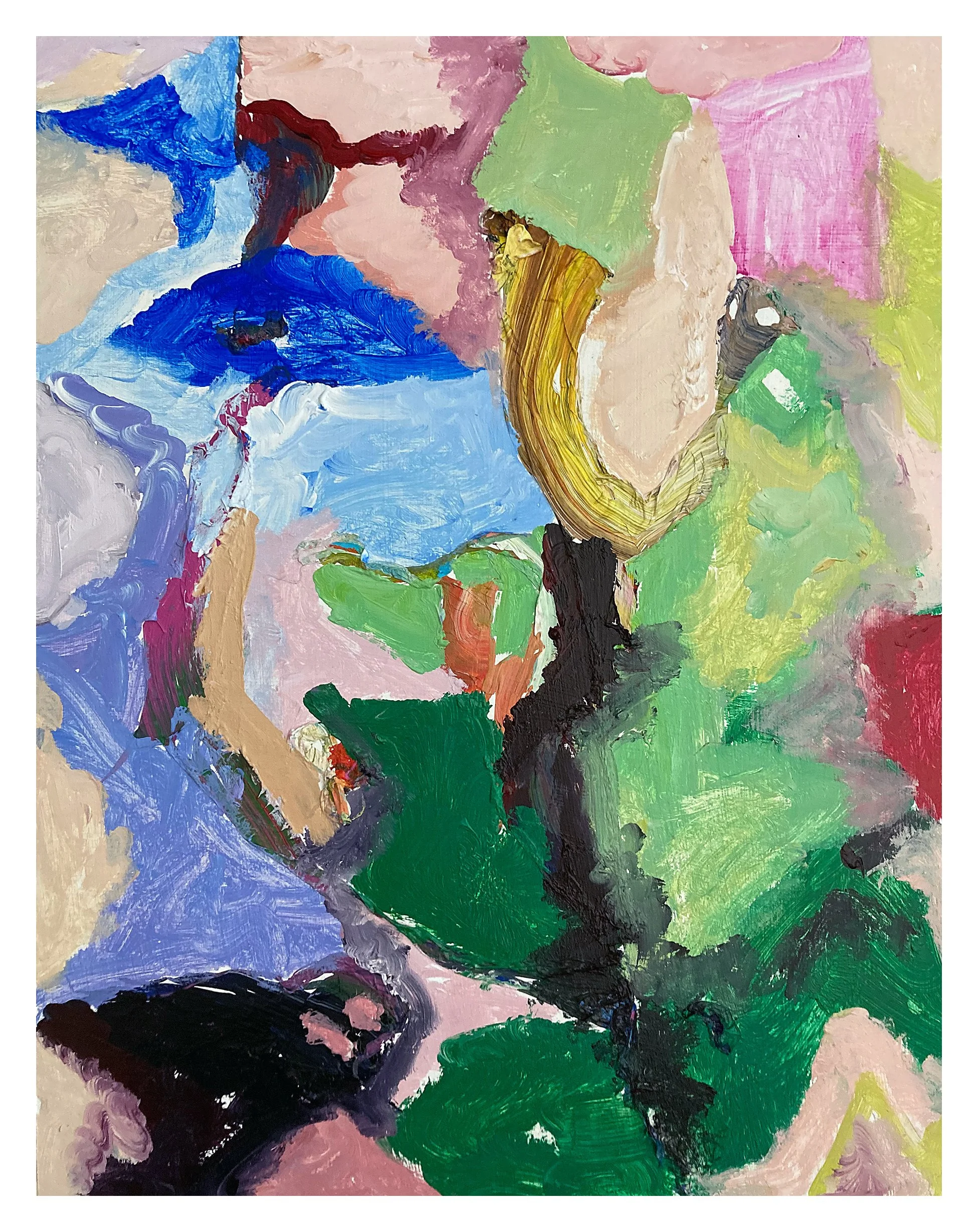 Abstract colorful painting with patches of blue, pink, green, yellow, black, and red brushstrokes.
