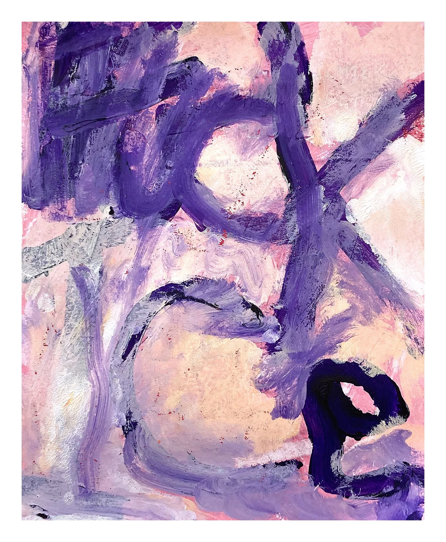 Abstract portrait of a woman with closed eyes, painted with thick purple and pink brushstrokes, displaying an emotional and expressive style. Fuck Ice.