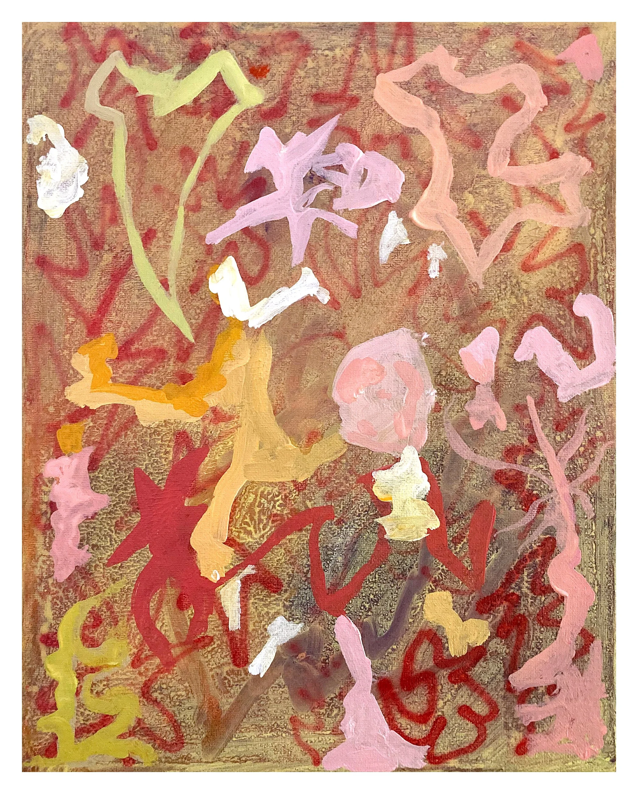 Abstract painting with pink, yellow, white, and red brush strokes over a textured brown background.