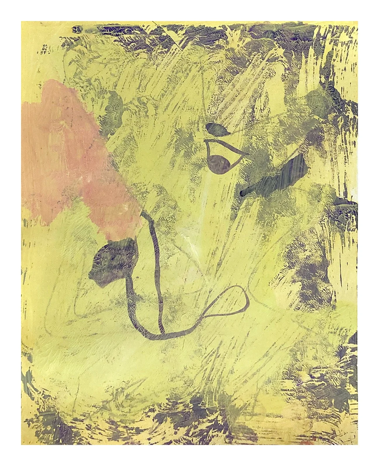 Abstract artwork with yellow background, dark and pink floral and leaf patterns, and sketchy lines.