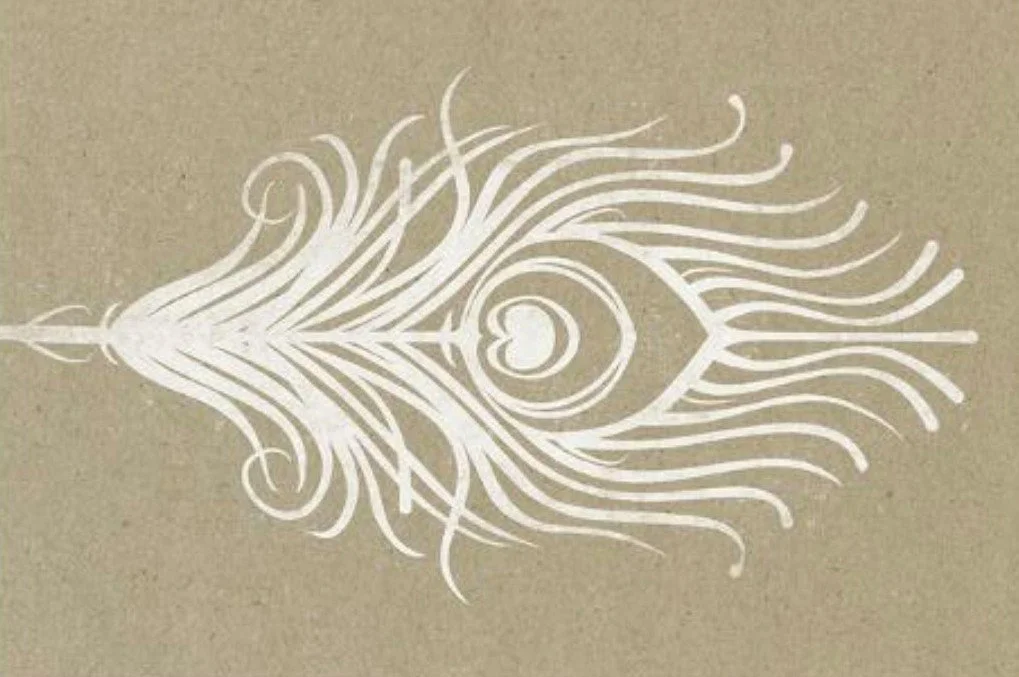 White stylized peacock feather design on a beige background.
