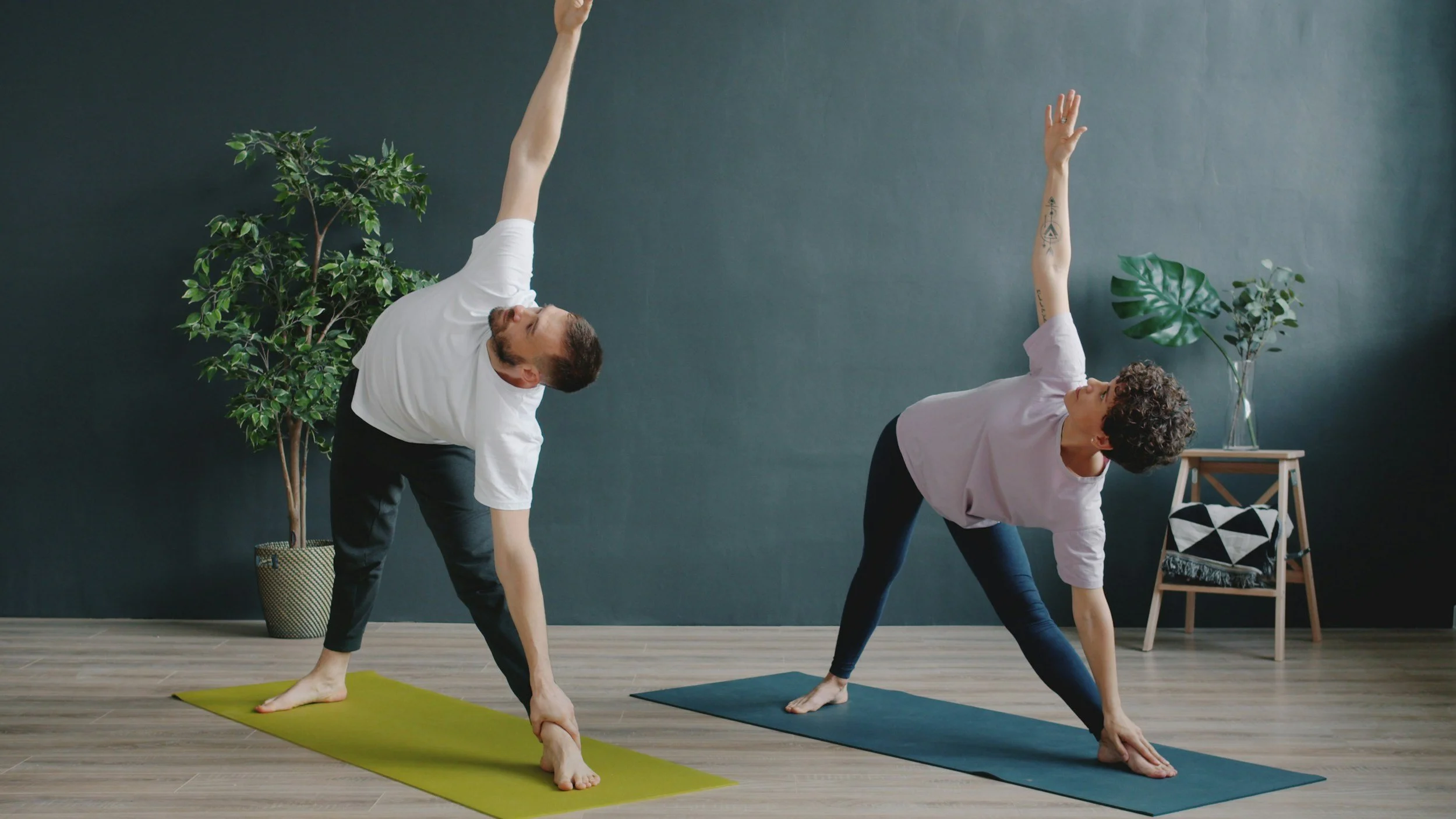 Two people practicing yoga indoors, both in a downward dog pose on yoga mats, with plants and furniture in the background.