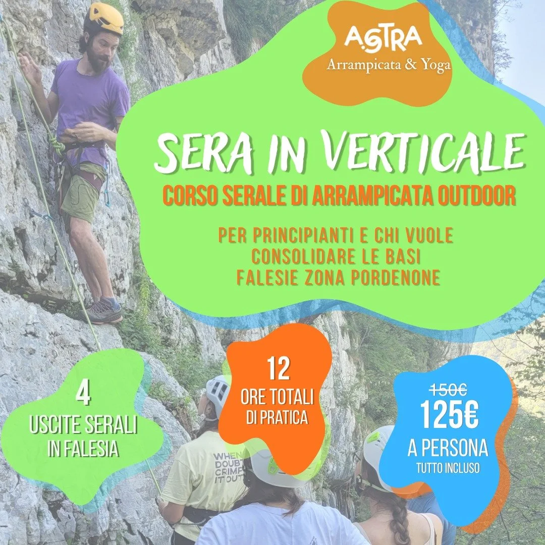 ECCOCI🎉
Questa estate lanciamo il nostro corso serale di arrampicata su roccia: 4 uscite in falesia, 12 ore, massimo 6 persone. 
📅 Estate 2025 : date da definire 
👥 Max 6 partecipanti
💶 125&euro;
Siamo gi&agrave; in 4 in lista. Mancano 2 persone 