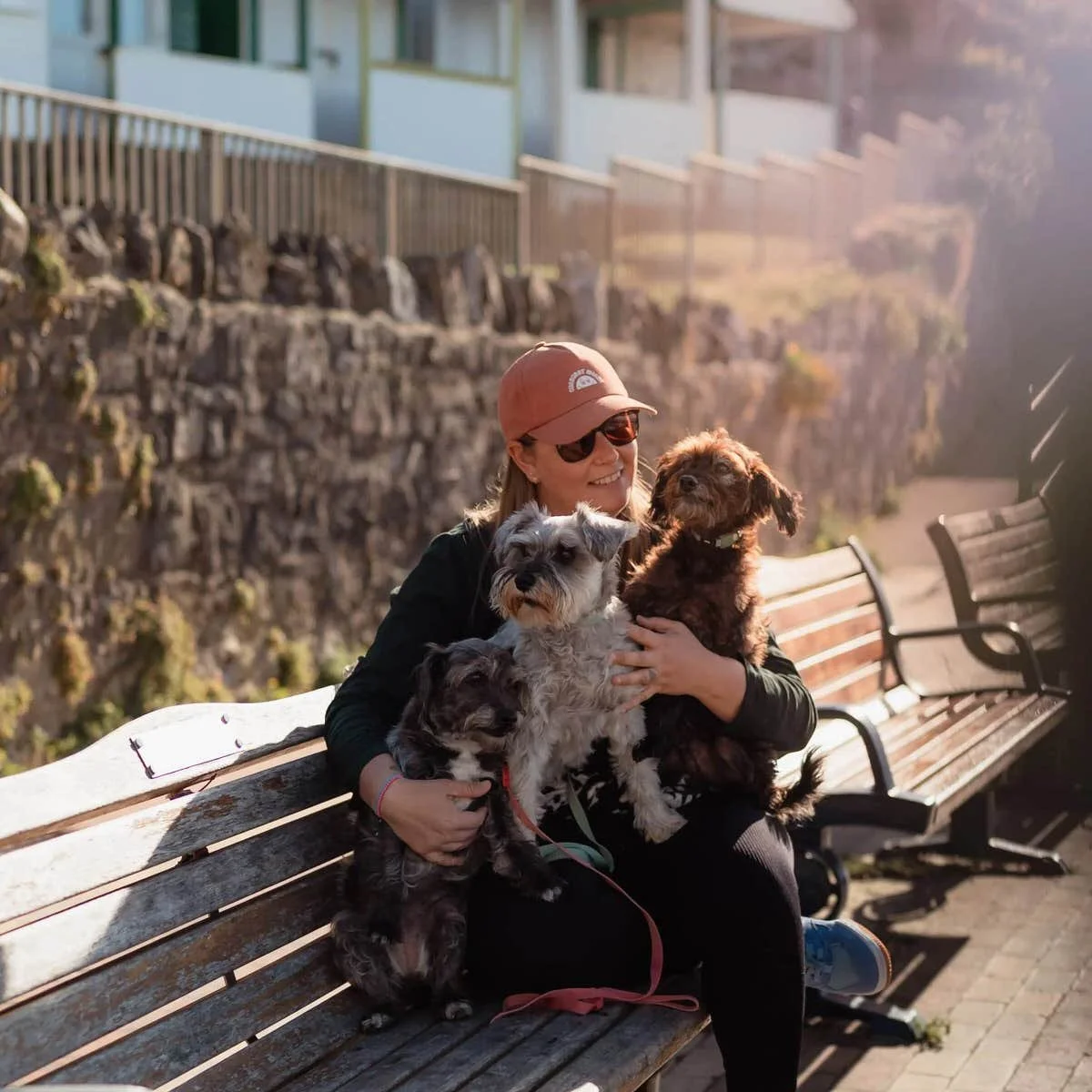 Female photographer Amy Reed of Flashbulb sat on a bench holding her three small dogs at Rotherslade in Swansea.