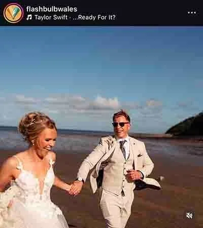 Instagram screenshot of the Flashbulbwales account showing a wedding couple post