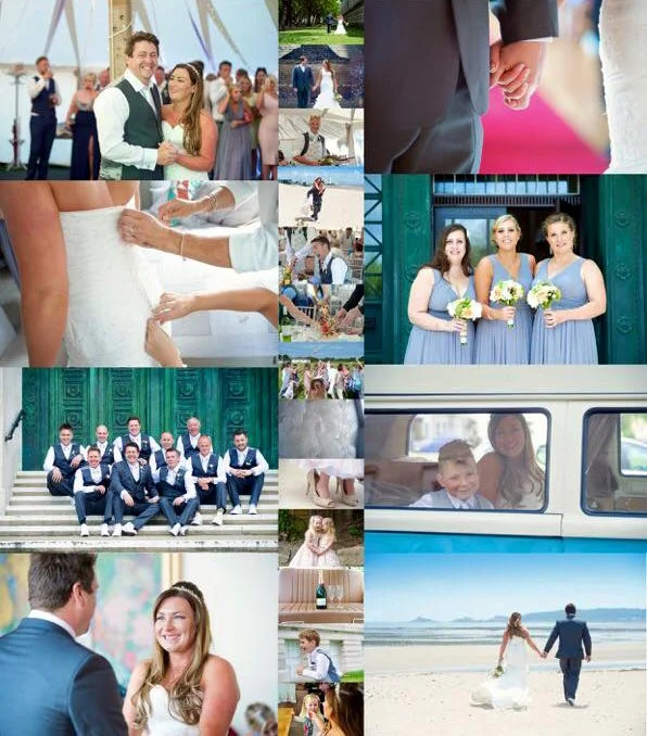 Montage of wedding pictures from a beach summer wedding at Brangwyn hall in Swansea. Featuring group groom shots, first dance, a couple walking on Swansea bay.