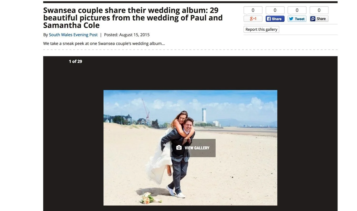 Screen shot of a Wales Online article showing a wedding album of a Swansea couple with a photo of a bride having a piggy back on the groom at Swansea Bay.