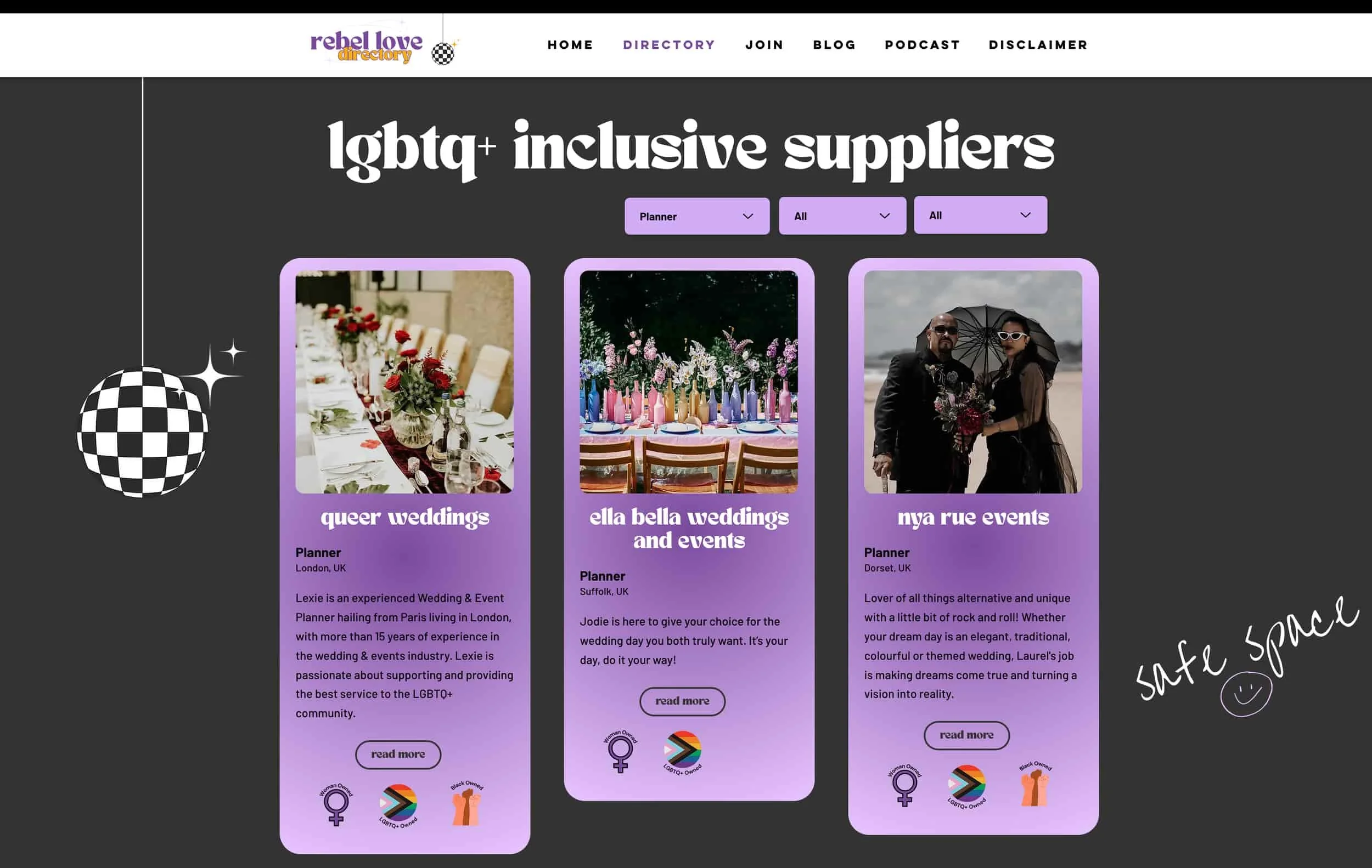 Screenshot of the website Rebel love wedding directory for lgbt and inclusivity vendors