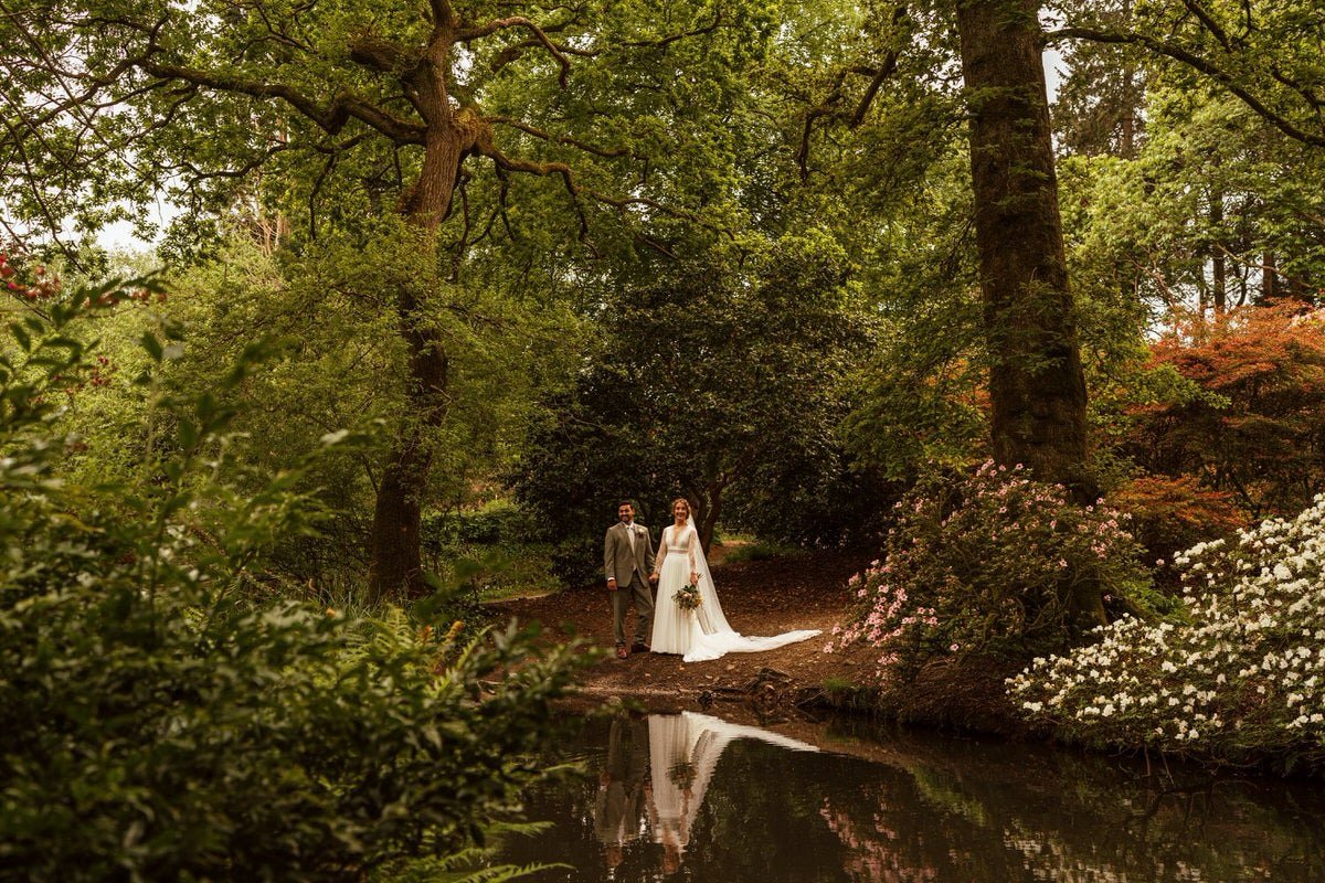 Wedding couple pond reflection Clyne, Swansea